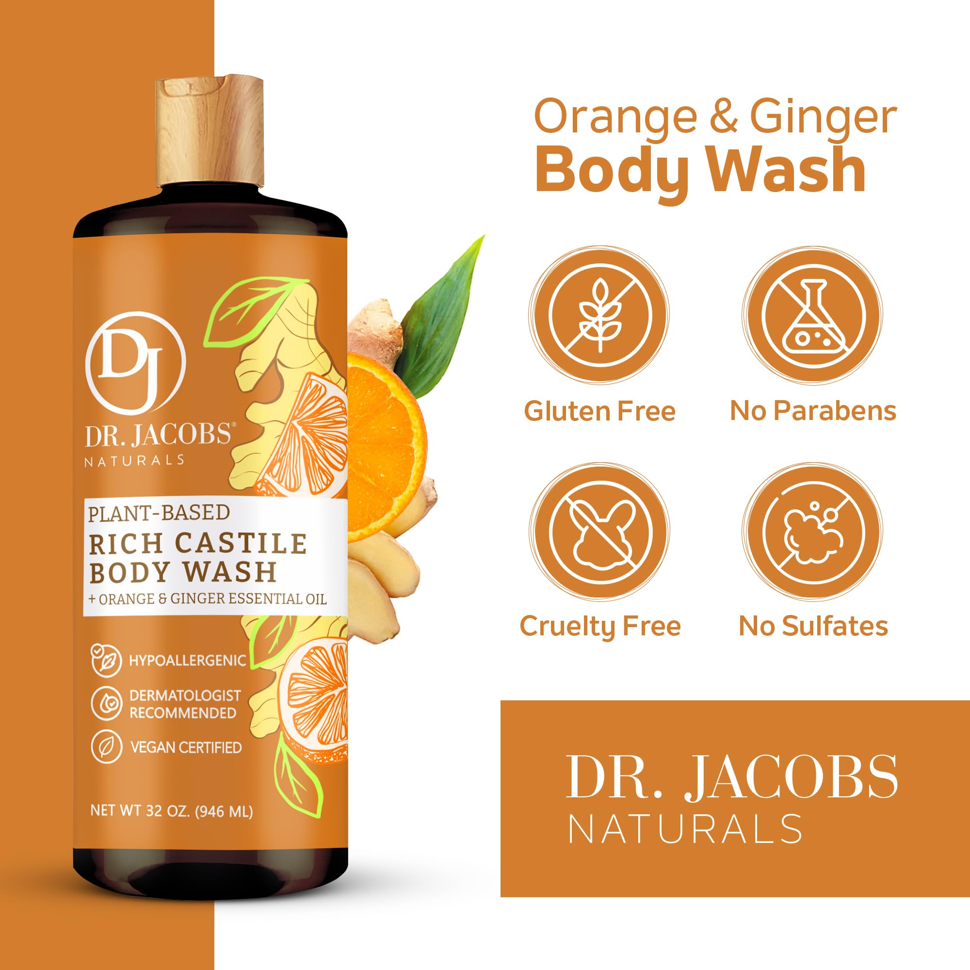 DR. JACOBS NATURALS Castile Orange & Ginger All-Natural Body Wash & Shampoo - Moisturizing for Dry & Sensitive Skin, Plant-Based Ingredients, Gluten-Free, No Preservatives - 32 oz (Pack of 2) - Perfect for Daily Shower & Gentle Hair Care