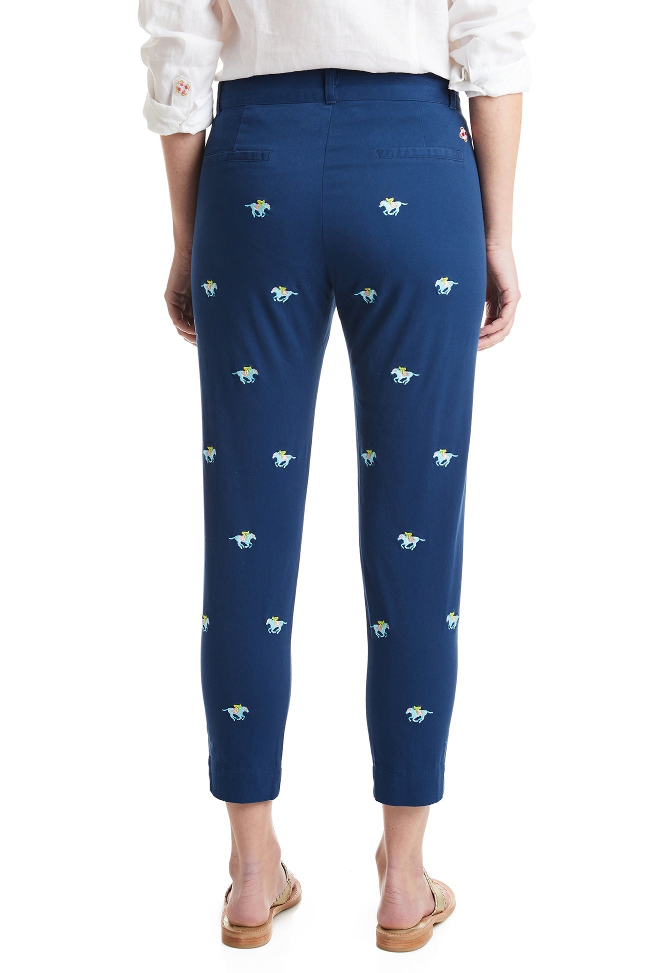 Women's Stretch Twill Capri Pants with Ankle Length - Nantucket Navy & Pastel Horse Print | Casual Summer Wear, Beach Outfits, Equestrian Style Fashion