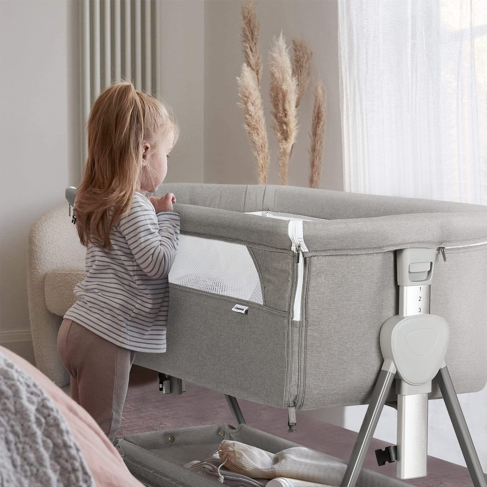 Cowiewie Adjustable Baby Bassinet Bedside Sleeper - 7 Height Levels, Breathable Mesh Sides & Mattress, XL Storage, Foldable Crib (Pyramid Light Gray) - Perfect for Newborns, Nursery & Co-Sleeping