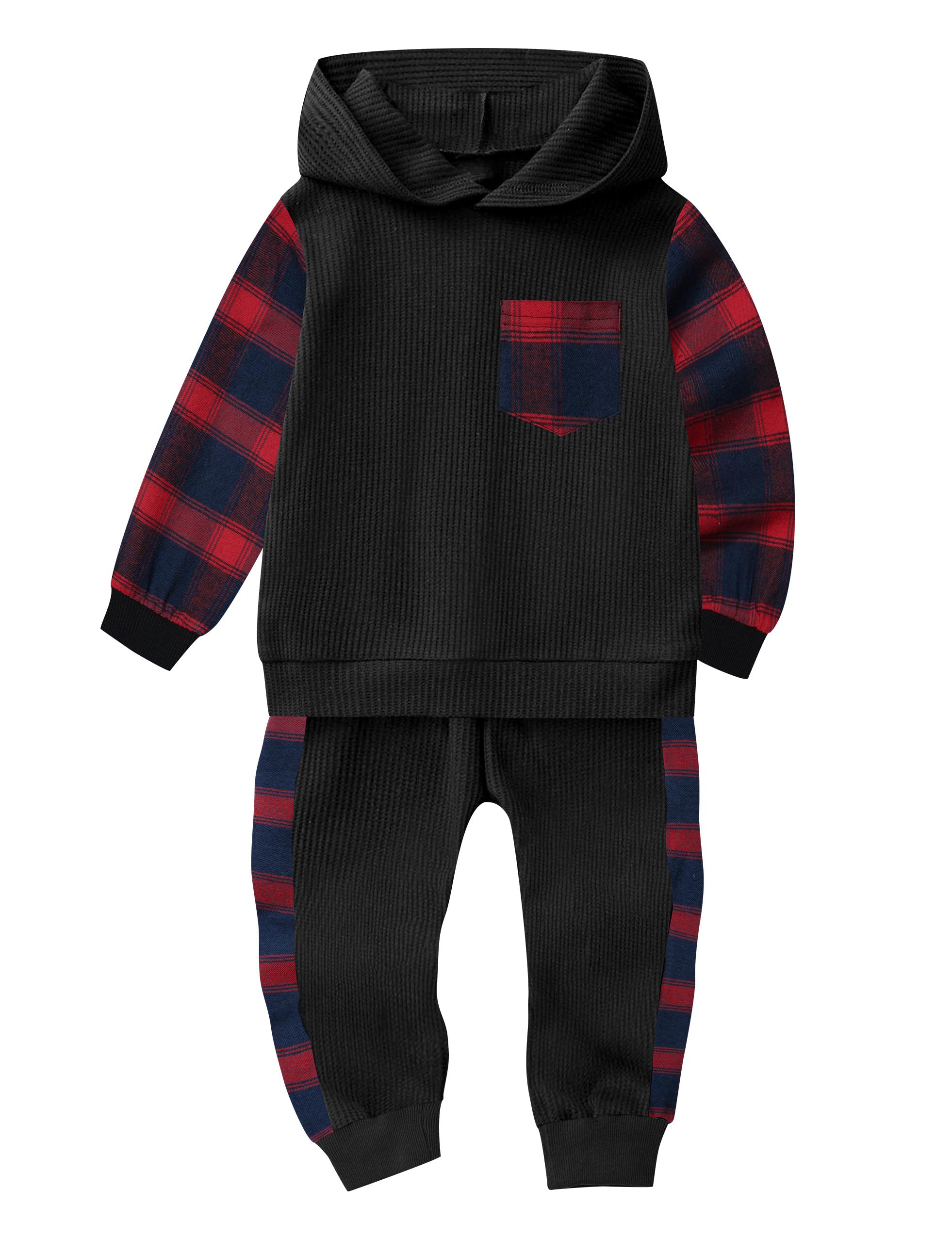 Boys' Waffle Plaid Hoodie & Patchwork Casual Pants 2-Piece Set - Warm Fall Winter Toddler Outfit with Pockets | Cozy Playdates & Outdoor Adventures