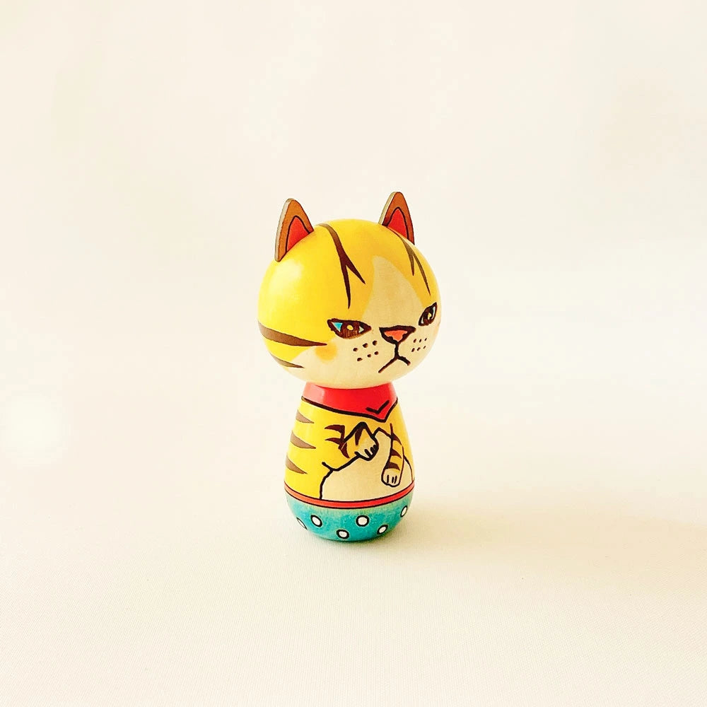 Japanese Kokeshi Doll - Handmade Yellow Tabby Cat Wooden Figurine | Traditional Home Decor, Gift for Cat Lovers & Japan Culture Enthusiasts