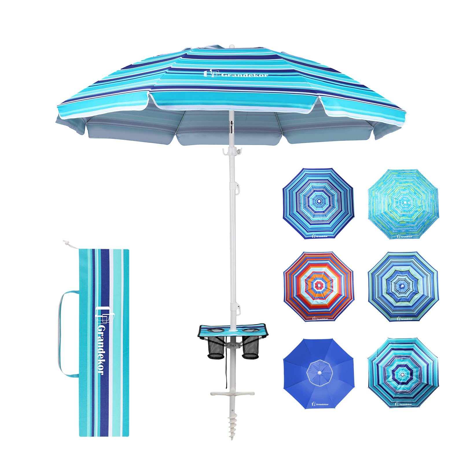 Premium Heavy Duty 7FT Beach Umbrella with Sand Anchor & Carry Bag - Windproof Portable Sun Shade with UV 50+ Protection - Perfect for Beach, Poolside, Picnics, and Outdoor Travel
