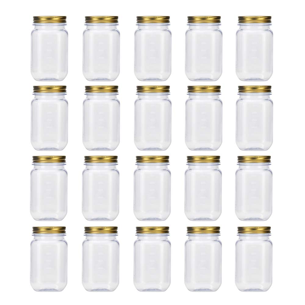 Novelinks 16oz Clear Plastic Jars with Gold Lids - 20 Pack BPA-Free Refillable Round Storage Containers for Kitchen Pantry Organization, Bathroom Essentials, Craft Supplies & Home Decor