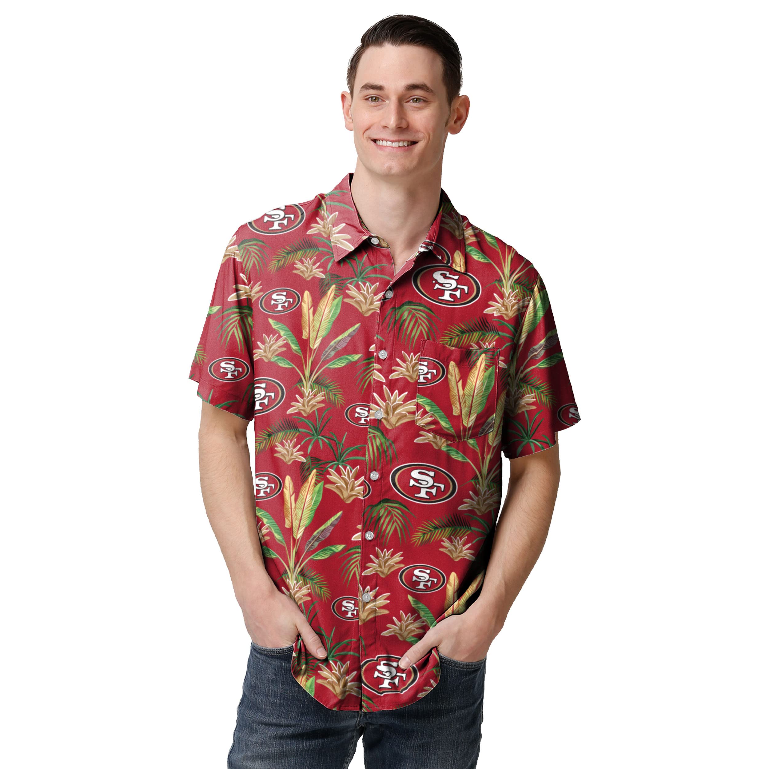 NFL Men's Team Logo Floral Aloha Tropical Button-Up Shirt - Hawaiian Style Casual Wear for Beach, Summer Parties & Football Games