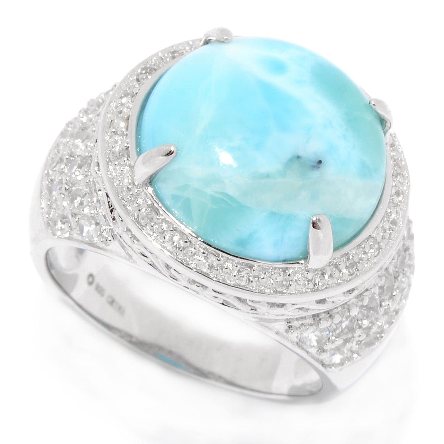 13.5mm Sterling Silver Larimar & White Topaz Halo Ring for Women | Elegant Jewelry Gift for Birthday, Anniversary & Special Occasions
