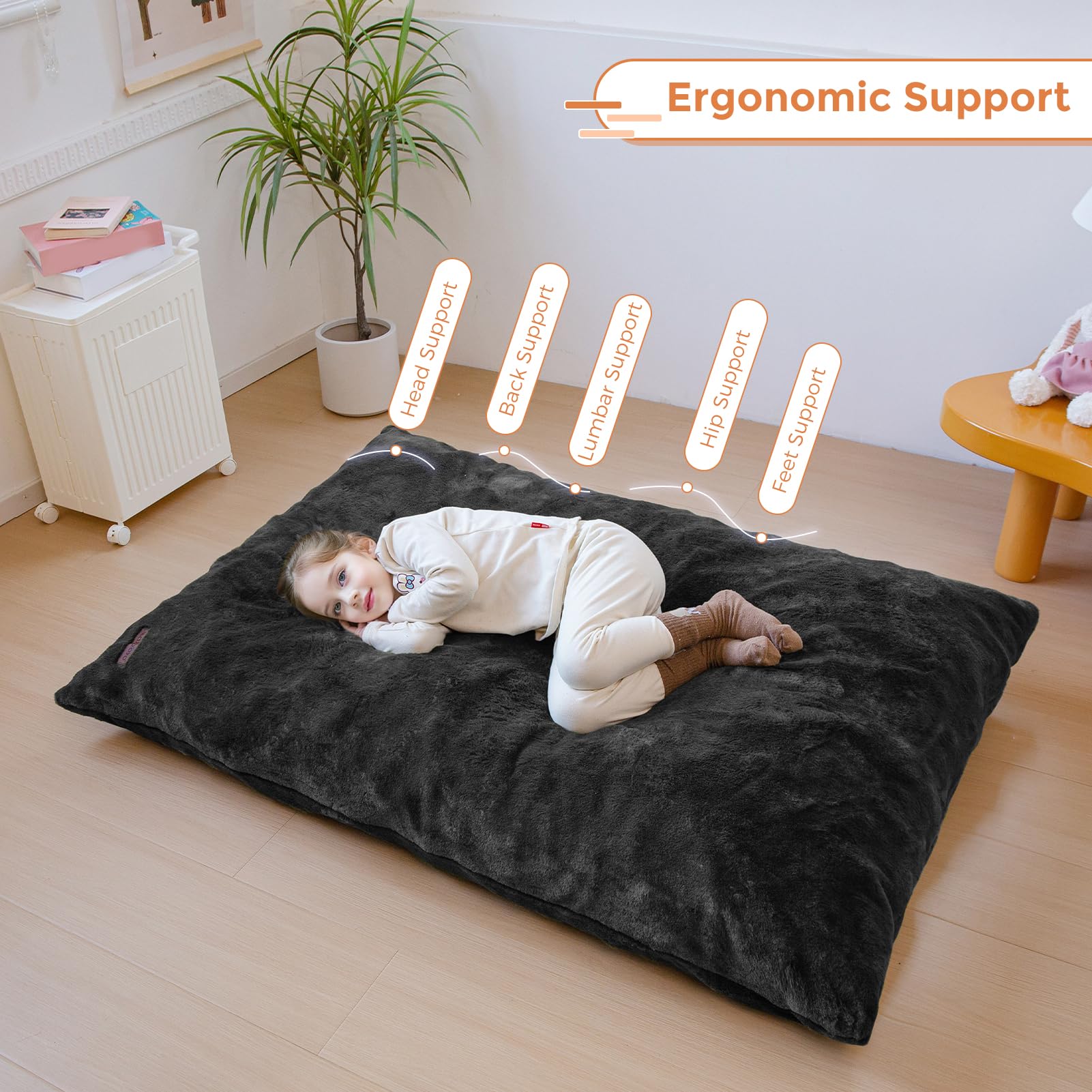 MAXYOYO 3-in-1 Kids Bean Bag Chair Bed - Convertible Faux Fur Floor Sofa for Children's Room, Gaming & Reading - Soft & Comfortable (Black) | Perfect for Playrooms, Bedrooms & Cozy Reading Nooks