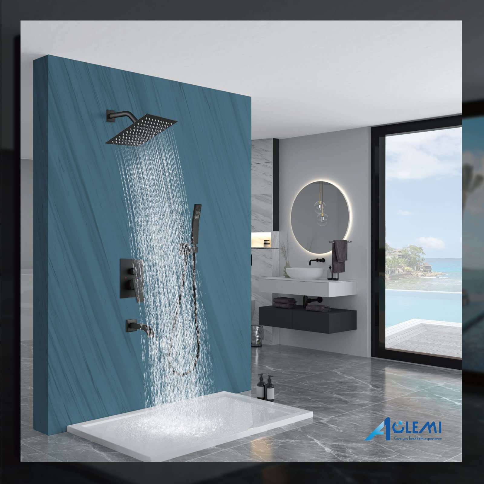 **Aolemi Luxury Rainfall Shower System - 8 Inch Matte Black Shower Head Combo Set with Tub Filler, Handheld Shower & Rough-in Valve | Wall Mount Bathroom Mixer Faucet for Spa-Like Relaxation**