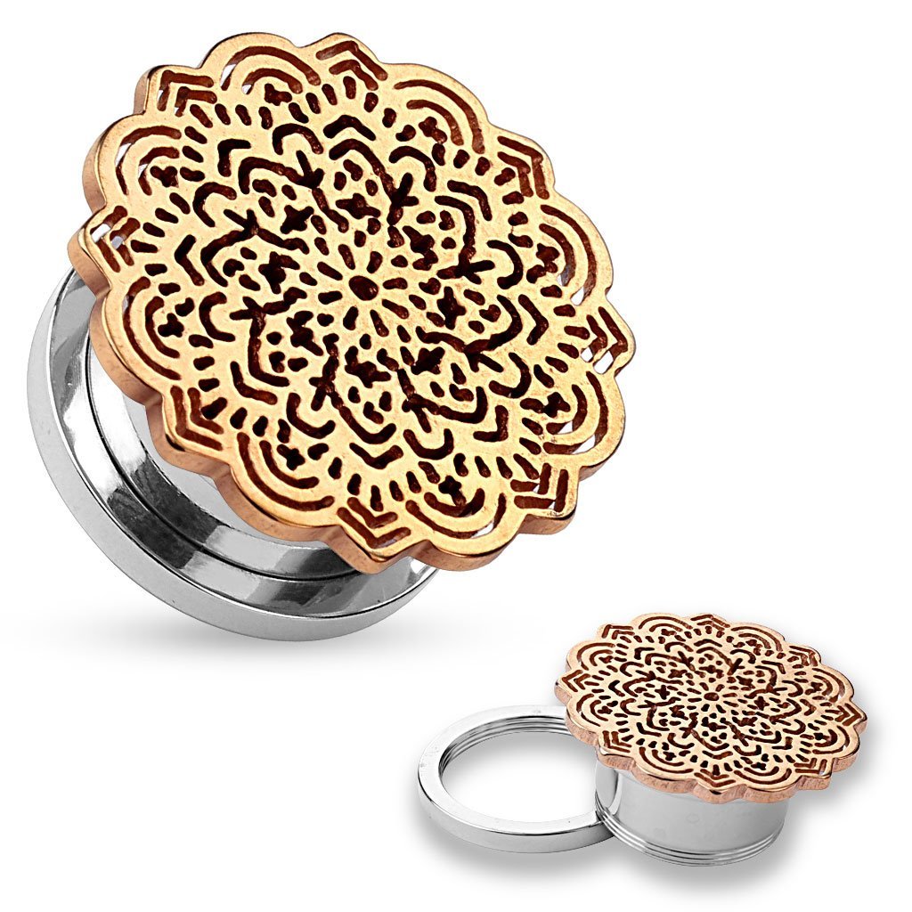 Rose Gold Tribal Flower Design Screw Fit Tunnels - Stretching Ear Gauges for Women & Men | Perfect for Everyday Wear, Parties & Boho Fashion