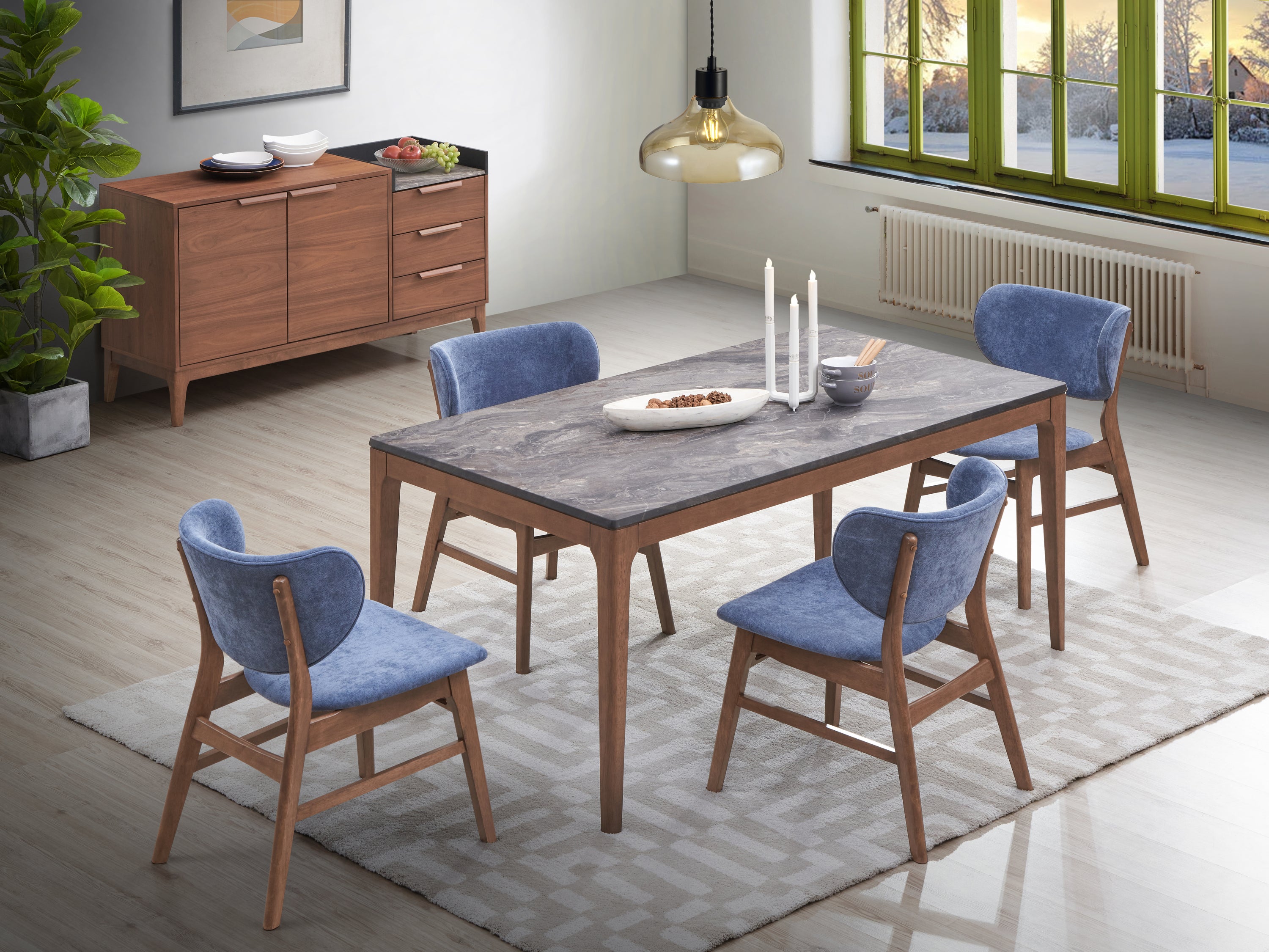 Blue and Walnut Padded Side Chairs (Set of 2) - Comfortable Dining Chairs for Kitchen, Living Room, or Office - Modern Upholstered Accent Chairs with Wooden Legs