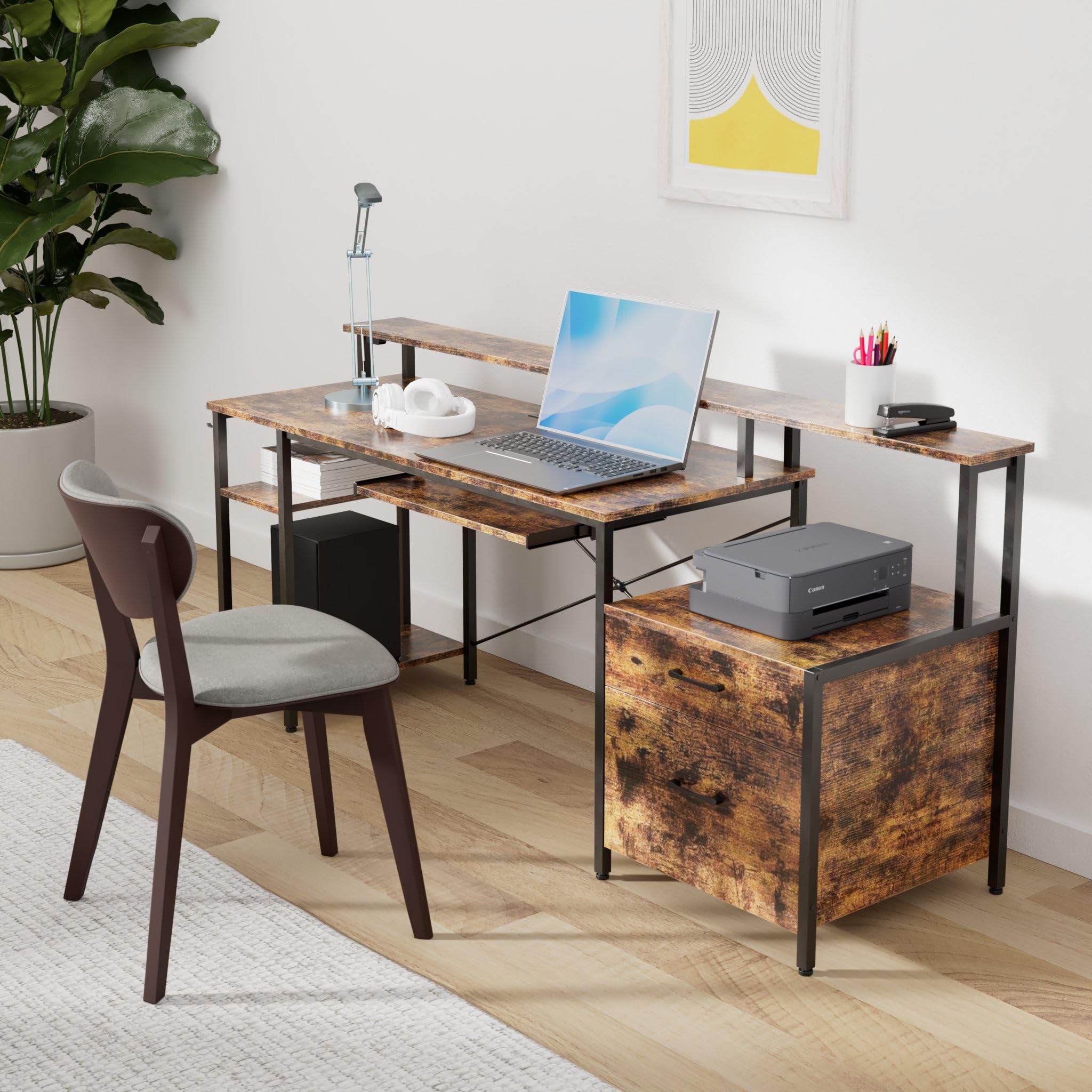 Rolanstar 59-inch Rustic Brown Computer Desk with LED Light, Power Outlets & File Drawer - Home Office Gaming Desk with Monitor Stand, Keyboard Tray & Storage Shelves - Perfect for Small Spaces, Work from Home & PC Gaming Setup