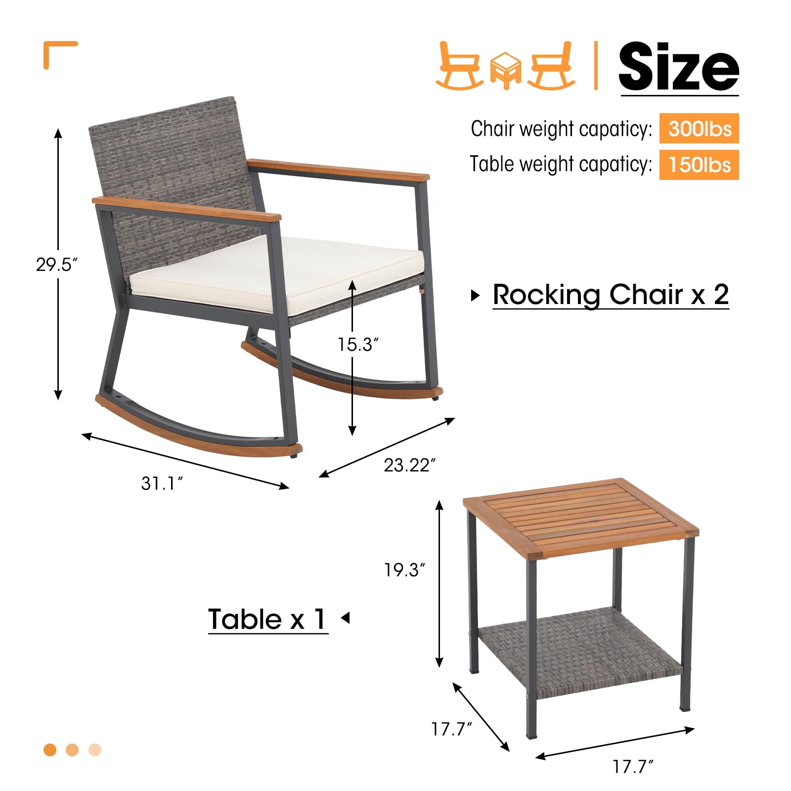 OC Orange-Casual 3-Piece Outdoor Rocking Bistro Set - Patio Wicker Furniture with Coffee Table & Cushions - Perfect for Garden, Yard, Porch, Balcony - White | Ideal for Relaxing, Entertaining & Outdoor Dining