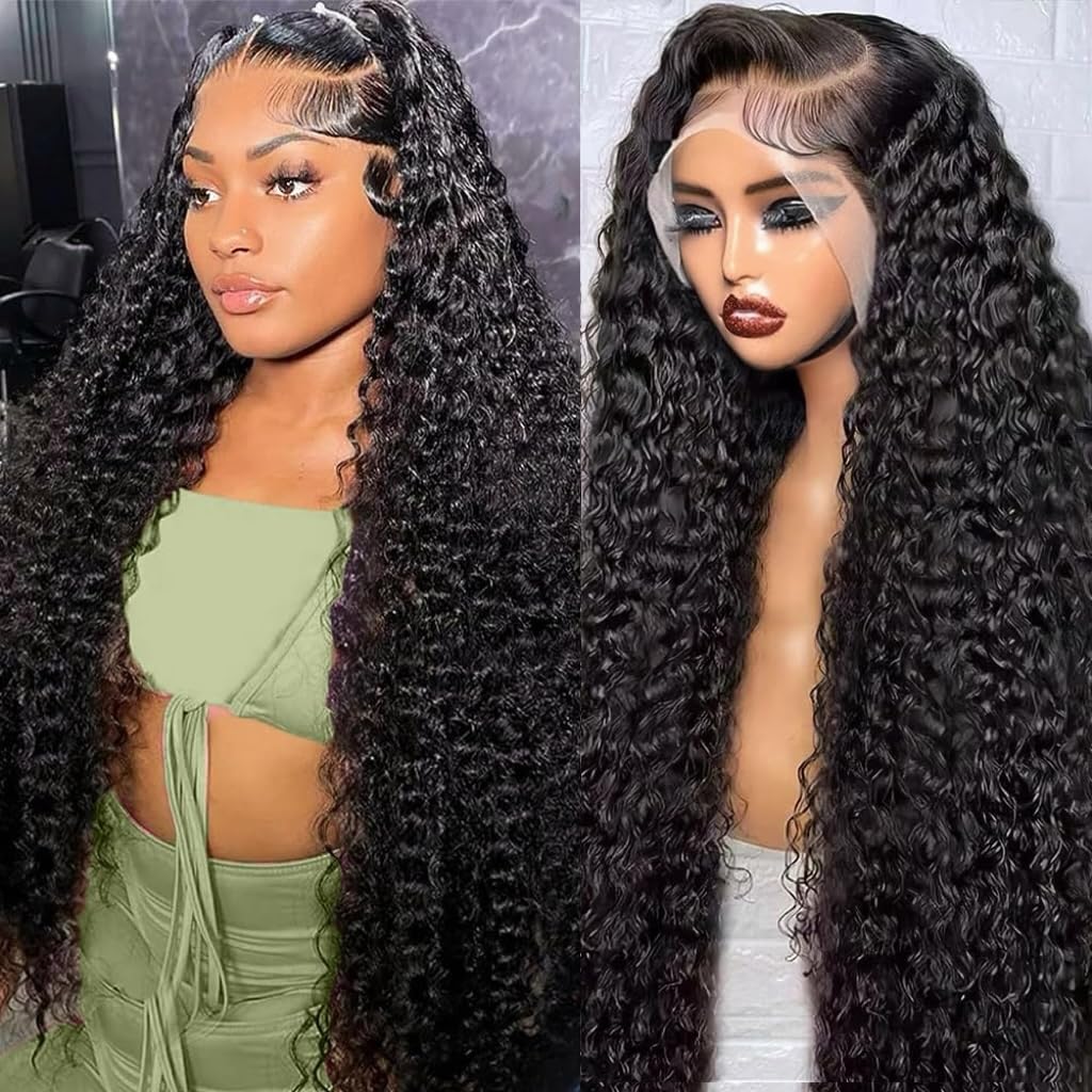 13x6 Deep Wave Lace Front Wigs Human Hair - Pre Plucked & Bleached HD Lace Frontal Wig with Baby Hair - 180% Density 28 Inch Natural Black Curly Hair for Women - Perfect for Daily Wear, Cosplay & Special Occasions