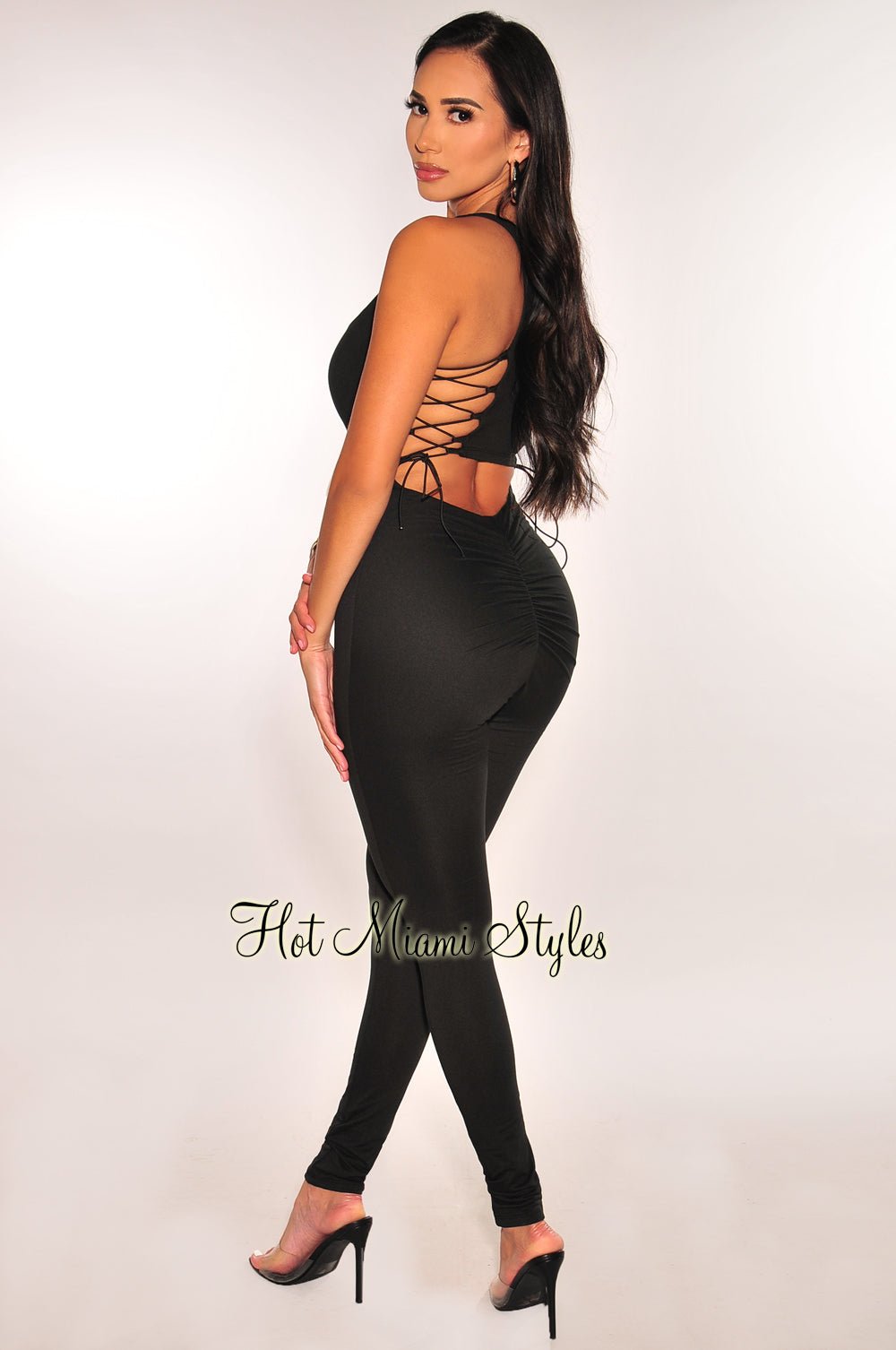 Black Sleeveless Square Neck Lace-Up Scrunch Butt Jumpsuit for Women - Sexy Bodycon Romper for Clubwear, Date Night & Summer Outfits