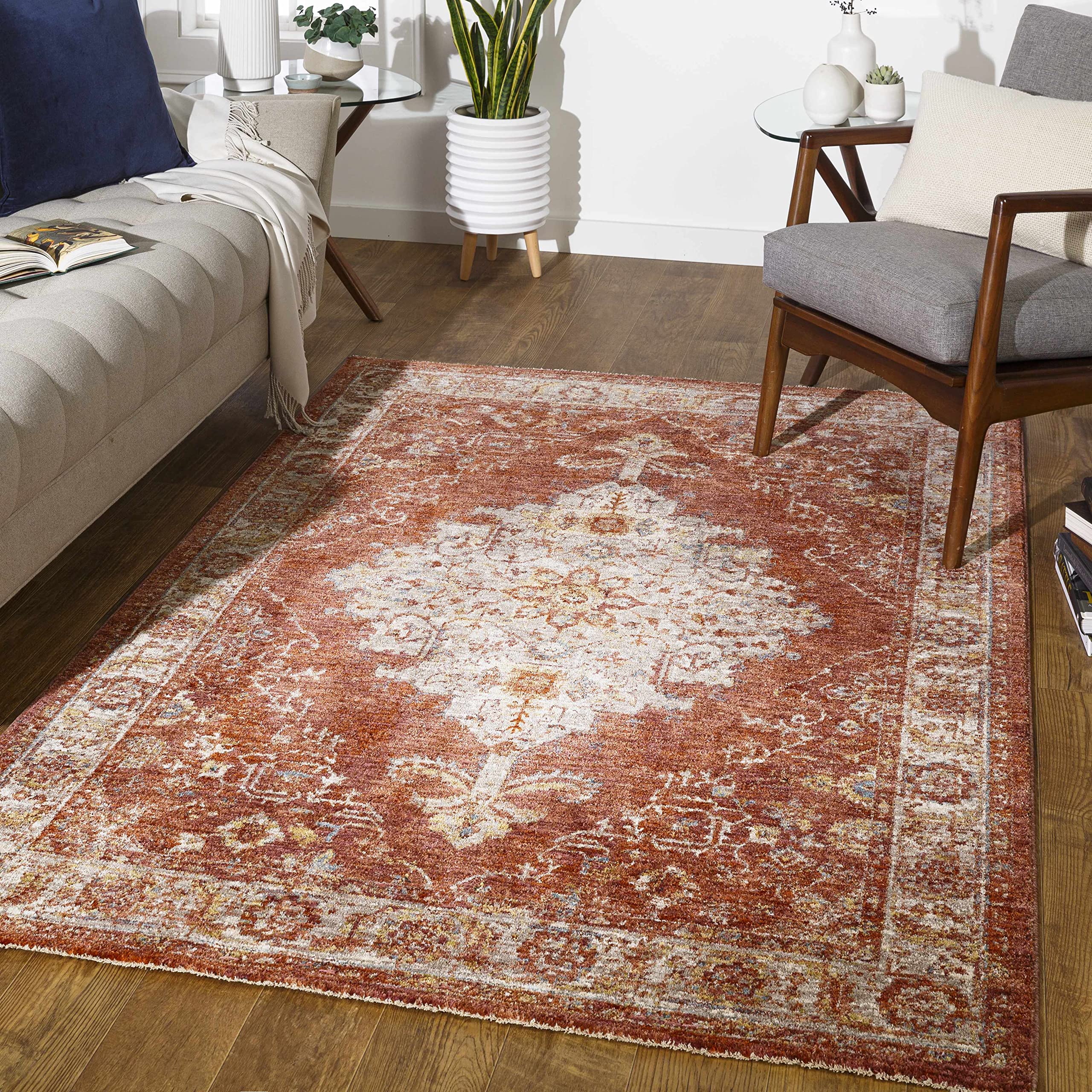 Premium Hauteloom Bluewell Area Rug for Living Room & Bedroom - Soft Gray, Beige, Red - 7'10