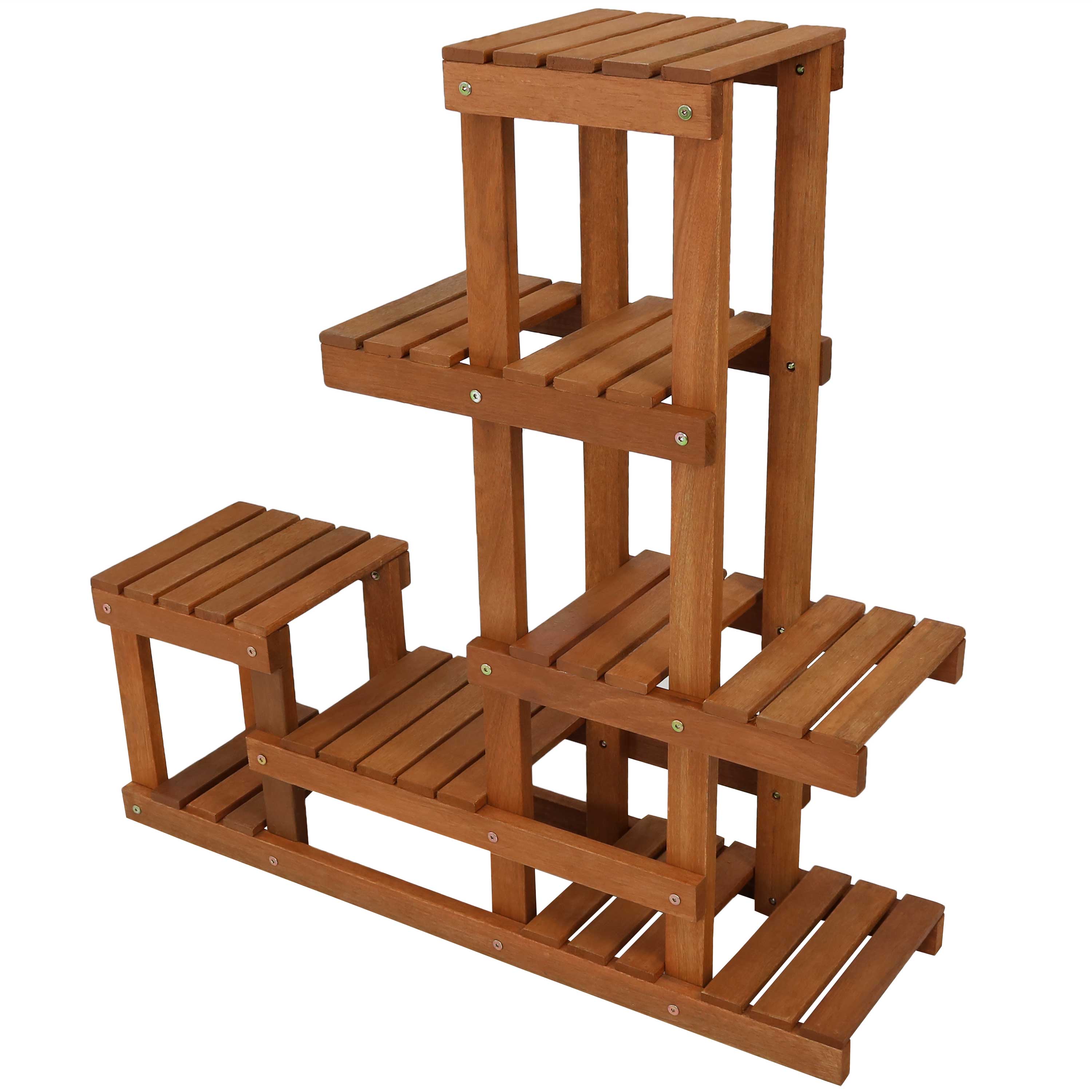 Sunnydaze Meranti Wood Multi Tiered Plant Stand - Teak Oil Finish - Perfect for Indoor & Outdoor Garden Decor, Patio, Balcony, and Home Plant Display