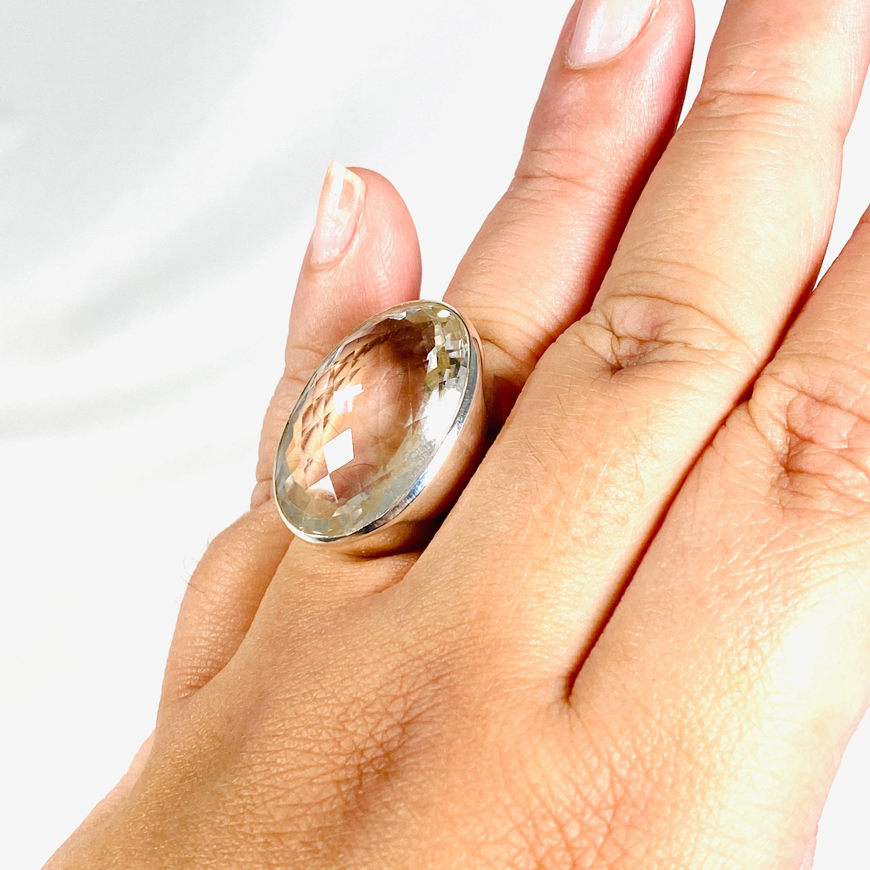 Natural Clear Quartz Oval Faceted Sterling Silver Ring Size 10 - Elegant Crystal Jewelry for Women, Perfect for Weddings, Parties & Everyday Wear