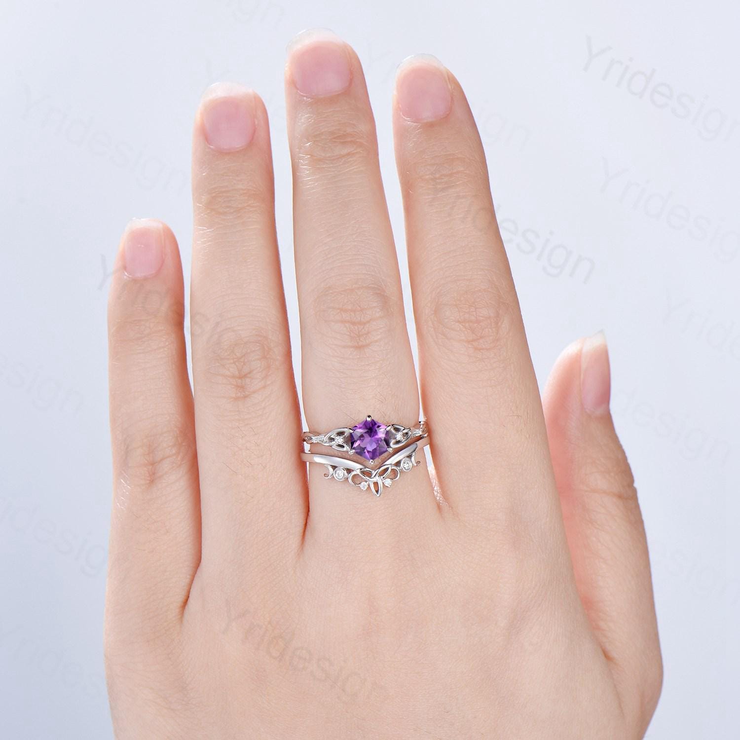 Viking Amethyst Ring Set for Women - February Birthstone Engagement & Wedding Ring - Royal Cut Hexagon Amethyst with Celtic Love Design - Perfect for Valentine's Day, Anniversary Gifts, and Bridal Jewelry
