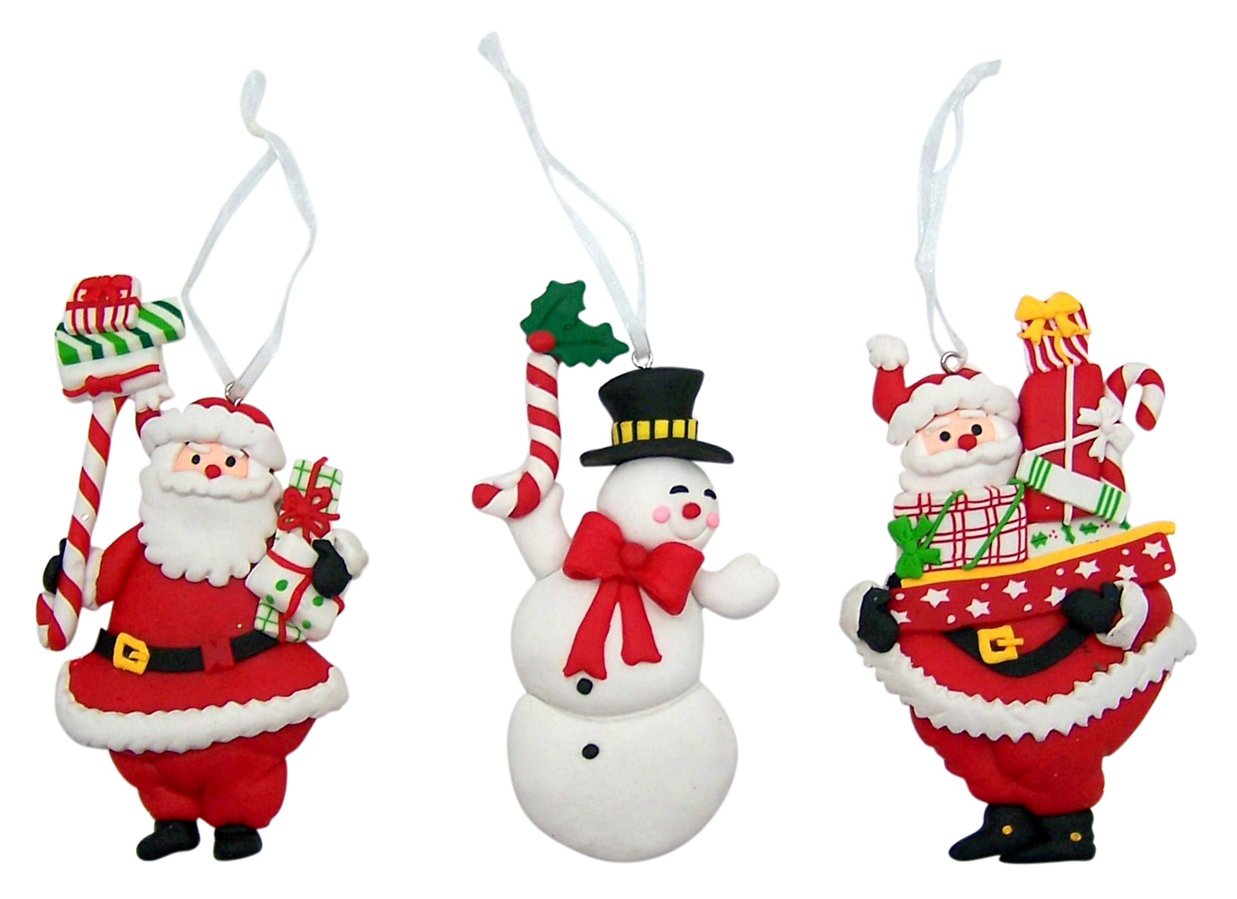 Santa and Snowman Clay Dough Christmas Ornaments - 7 Inch Festive Holiday Decor Set of 3 for Tree, Mantel & Gift Wrapping