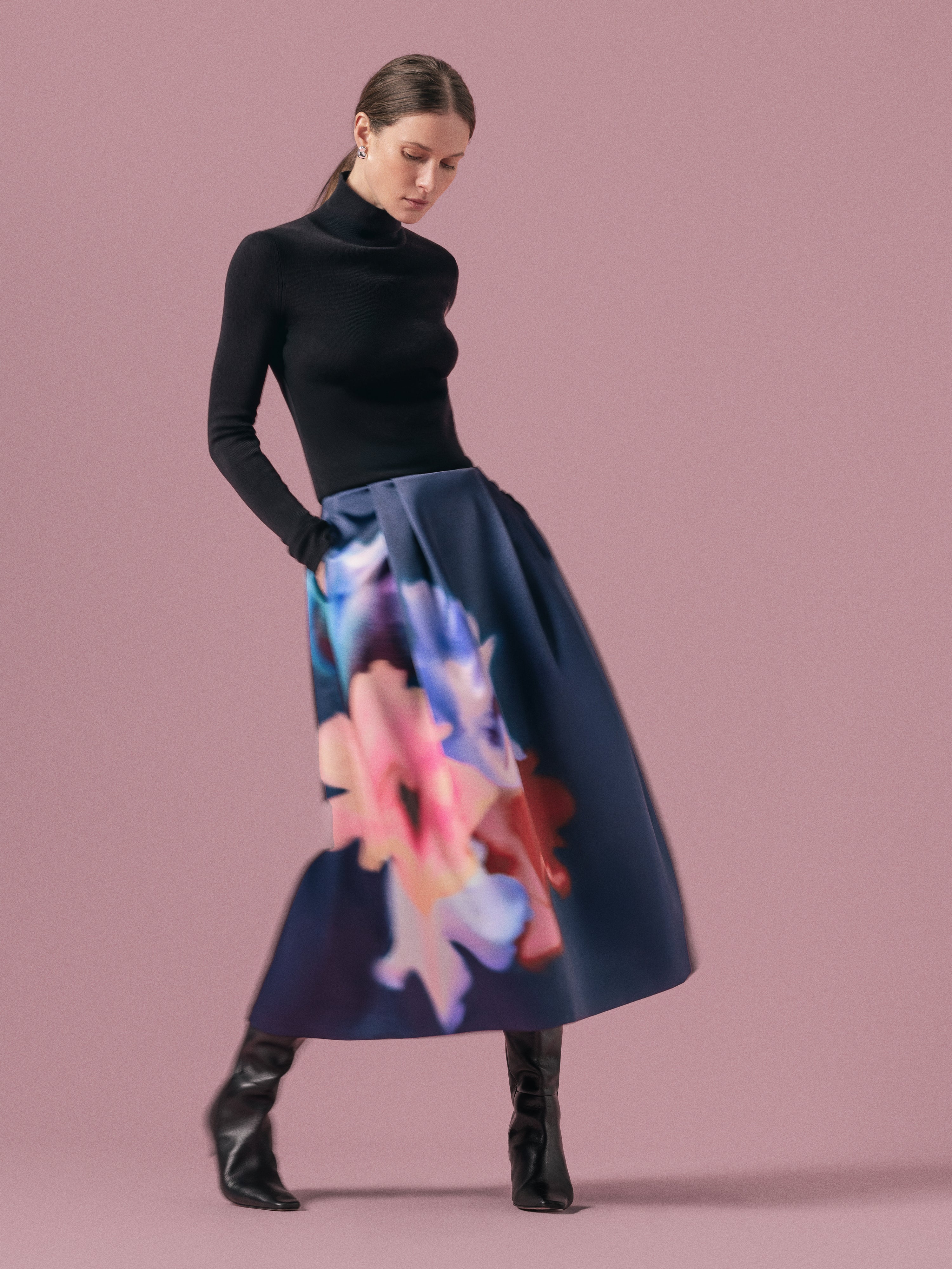 Dreamy Floral Maxi Skirt for Women - Navy Blue Flowy Midi Skirt with High Waist & Side Slits - Perfect for Summer, Beach, Vacations & Boho Outfits