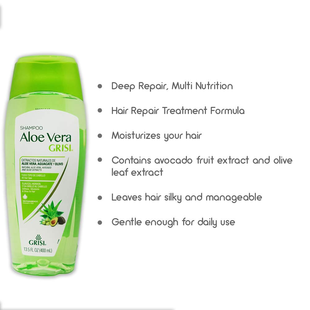 Grisi Aloe Vera Shampoo for Dry Hair - Moisturizing & Nourishing Hair Care with Natural Aloe Extract, Paraben-Free, Sulfate-Free - 13.5 Fl Oz - Promotes Soft, Shiny Hair - Perfect for Daily Use & Damaged Hair Repair