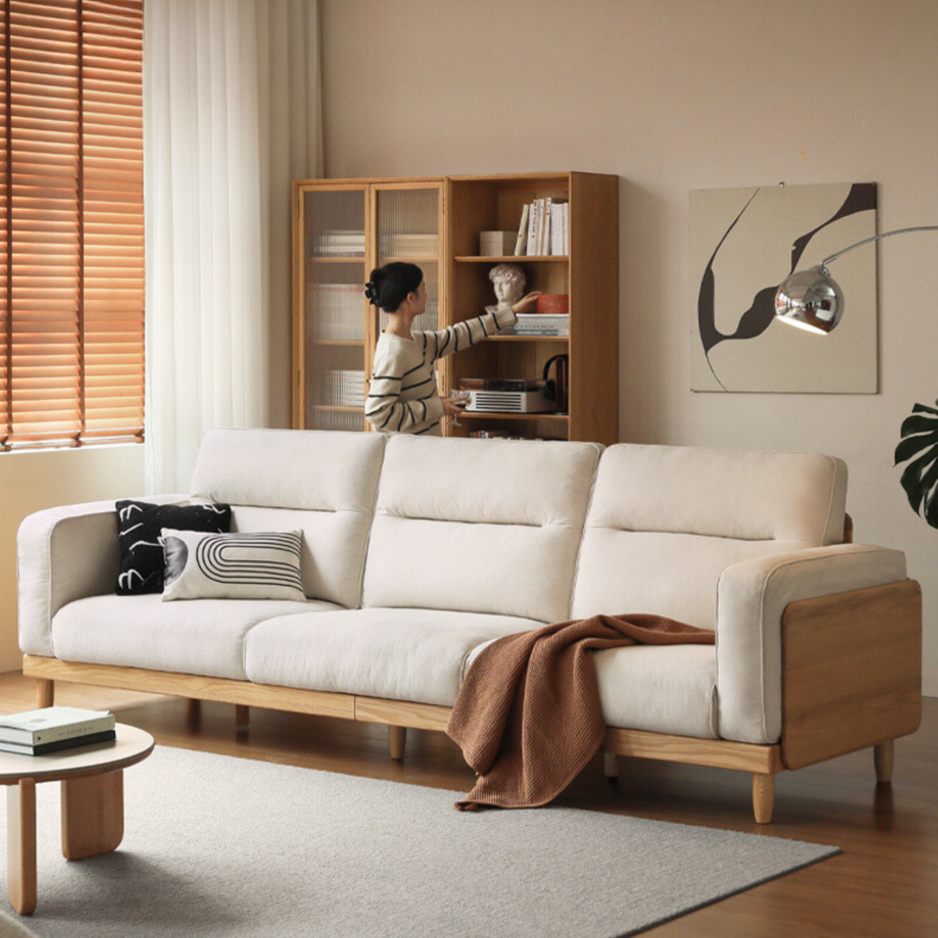 Premium Oak Solid Wood Straight High Back Cloth Leather Sofa - Modern Living Room Furniture for Home Office & Lounge Comfort