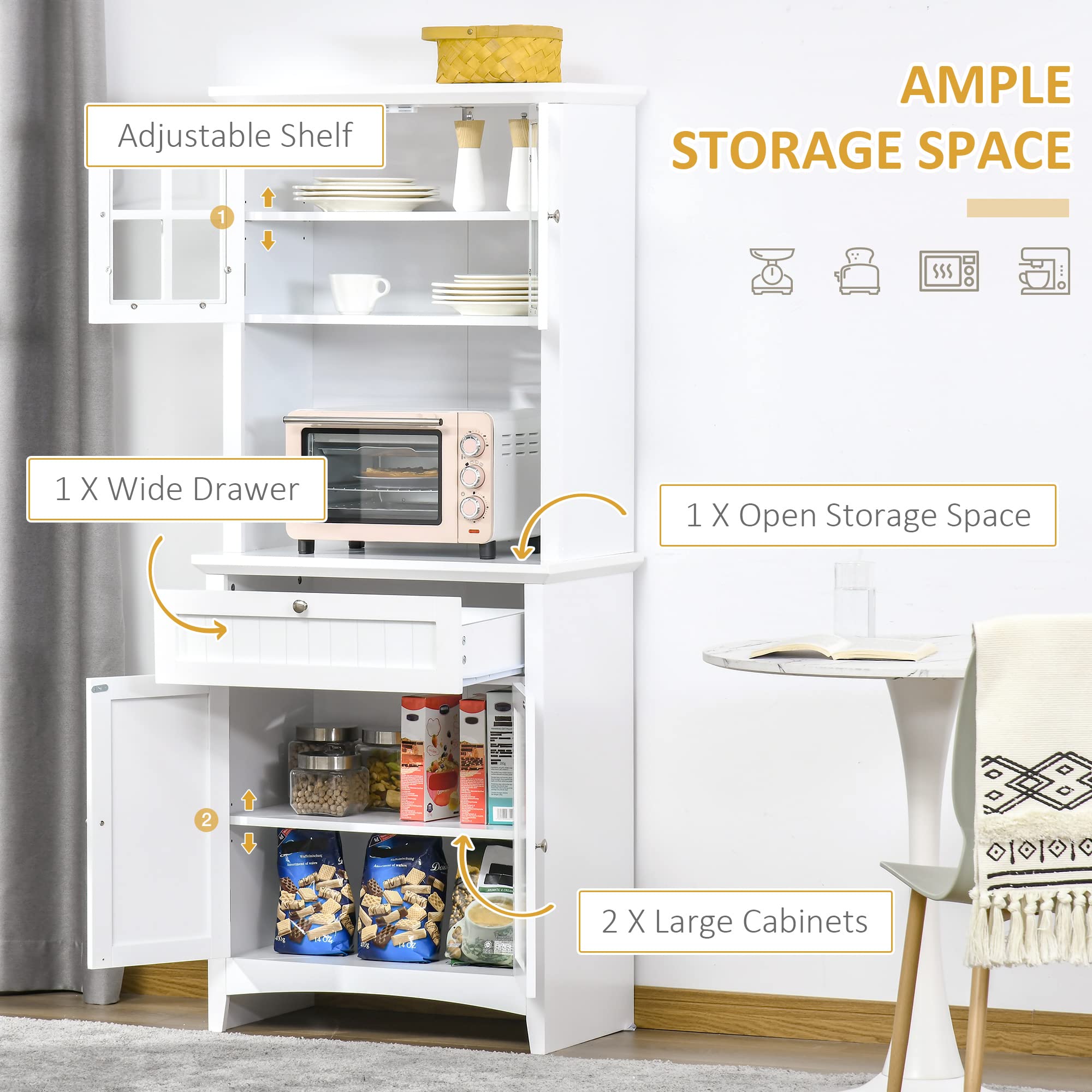 HOMCOM Elegant Buffet Hutch with Framed Glass Doors, Kitchen Pantry Storage Cabinet with Drawers & Microwave Space, White - Perfect for Dining Room Organization & Small Kitchen Storage