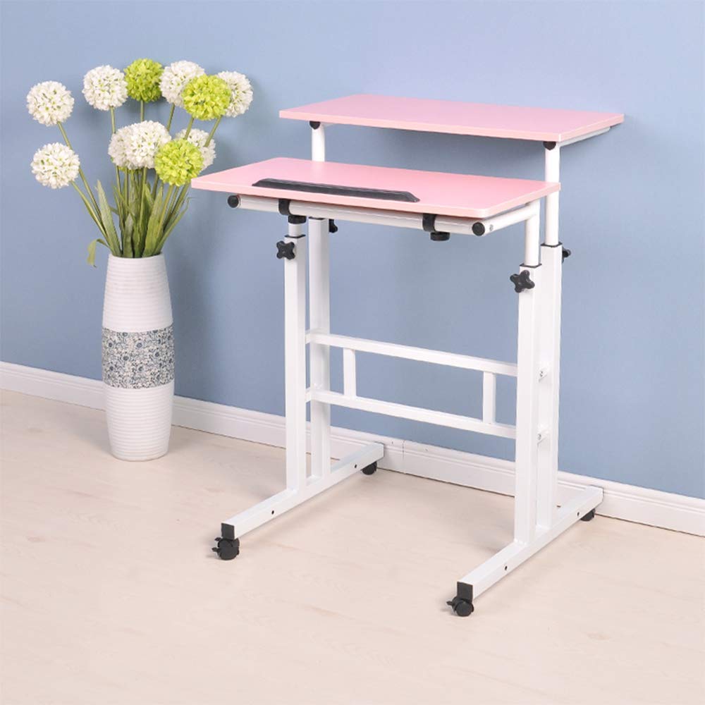 SUNONE Adjustable Height Standing Desk - Mobile Rolling Computer Workstation for Home Office, Ergonomic Sit Stand Desk with Wheels for Laptop & Desktop (Pink) - Perfect for Small Spaces, Remote Work & Flexible Workspaces