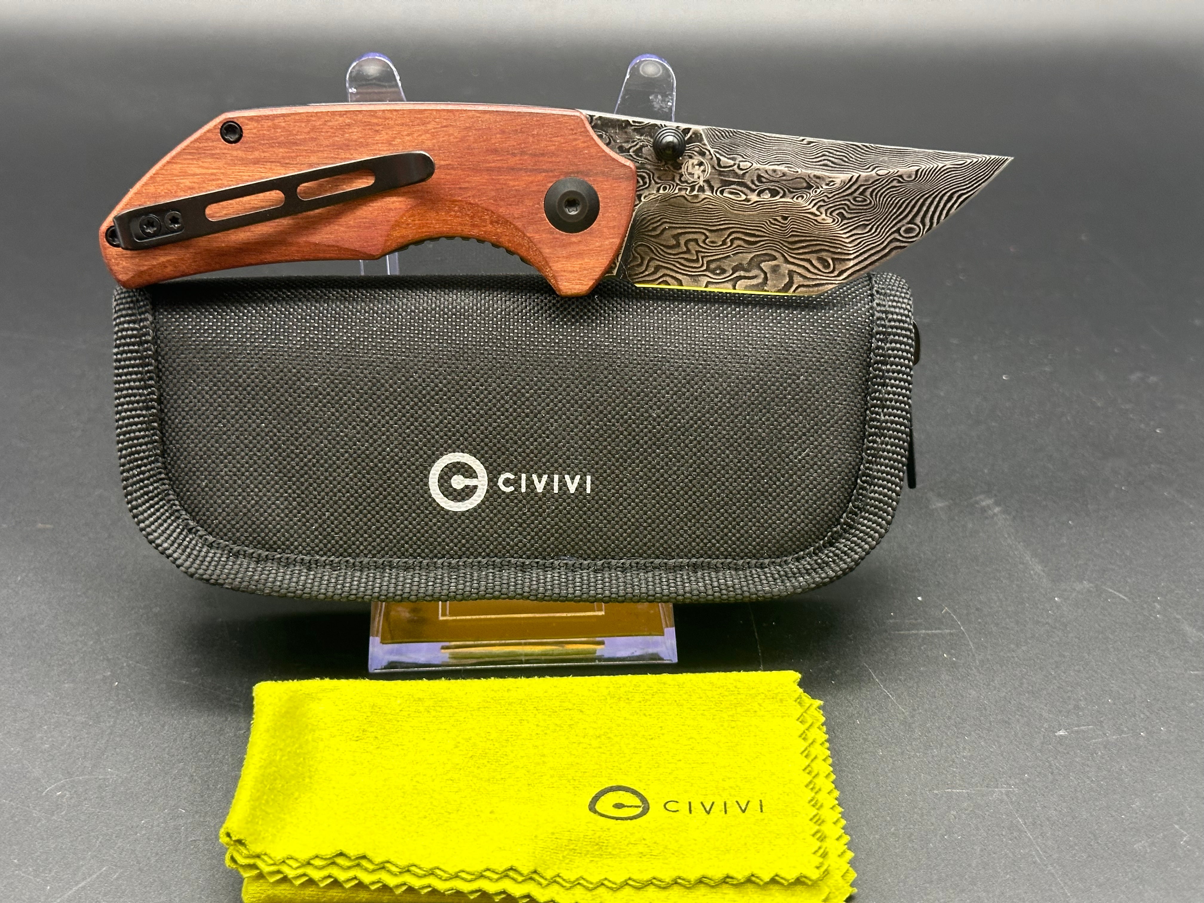 CIVIVI THUG 2 Folding Knife - Damascus Steel Tanto Blade, Cuibourtia Wood Handle, Plain Edge with Black Hand-Rubbed Finish (C20028C DS1) - Perfect for EDC, Camping, Hunting & Outdoor Adventures