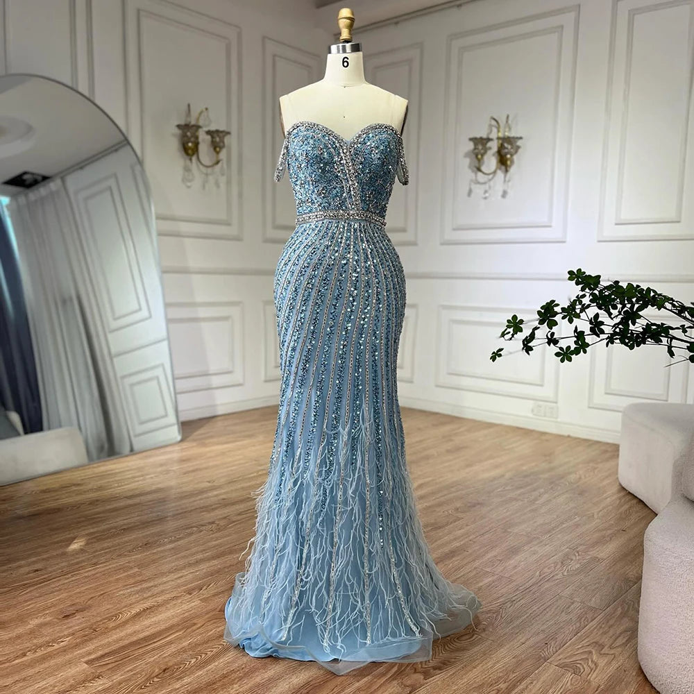 Luxury Dubai Caramel Spaghetti Strap Mermaid Gown with Feathers & Beads - Saudi Arabian Evening Dress for Formal Occasions LA72715 | Perfect for Weddings, Galas, Red Carpet Events & Special Celebrations