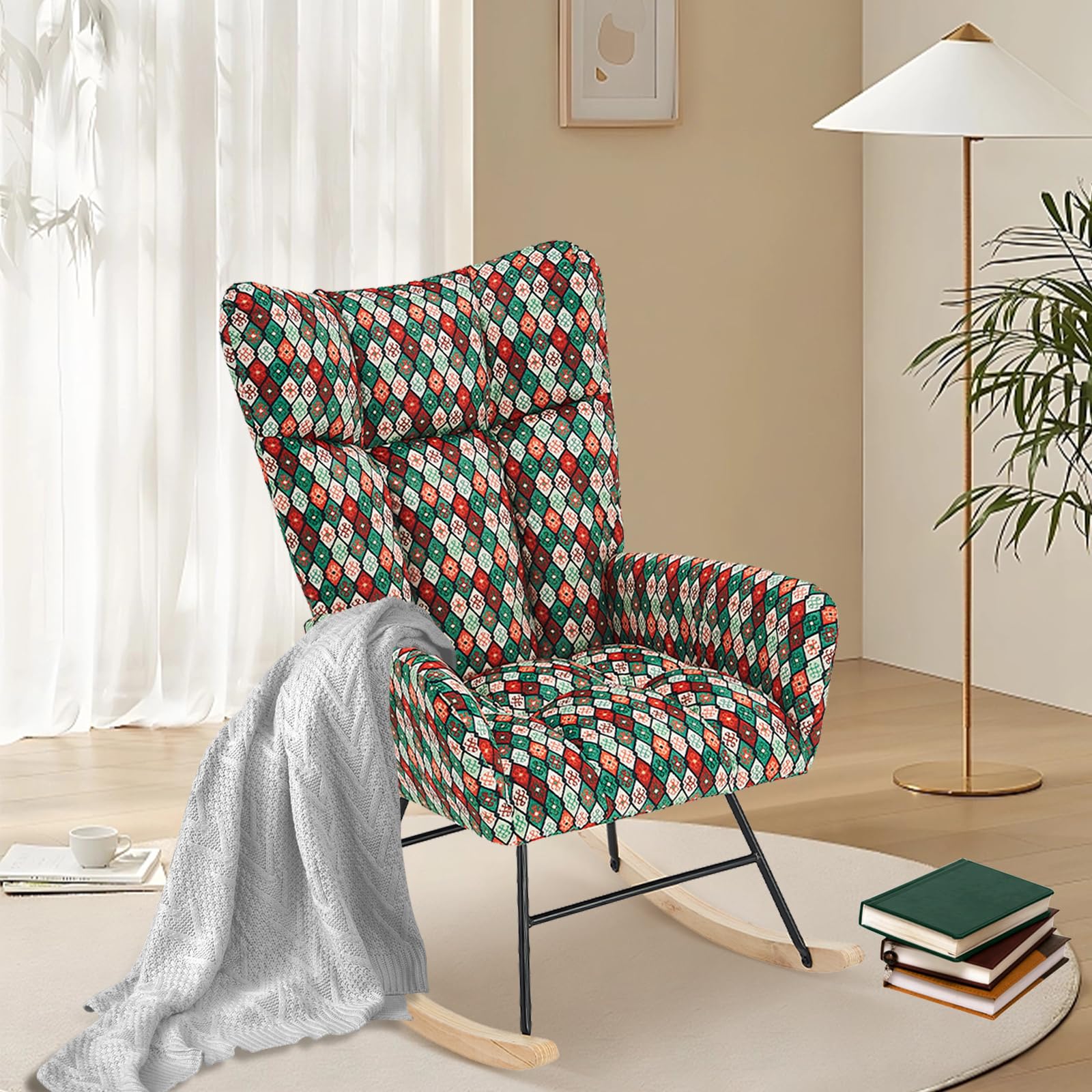 **Solid Wood Nursery Rocking Chair with Soft Teddy Fabric Upholstery - Adjustable High Back Glider for Nursing, Reading & Relaxing - Perfect for Nursery, Living Room & Bedroom (Camouflage Design)**