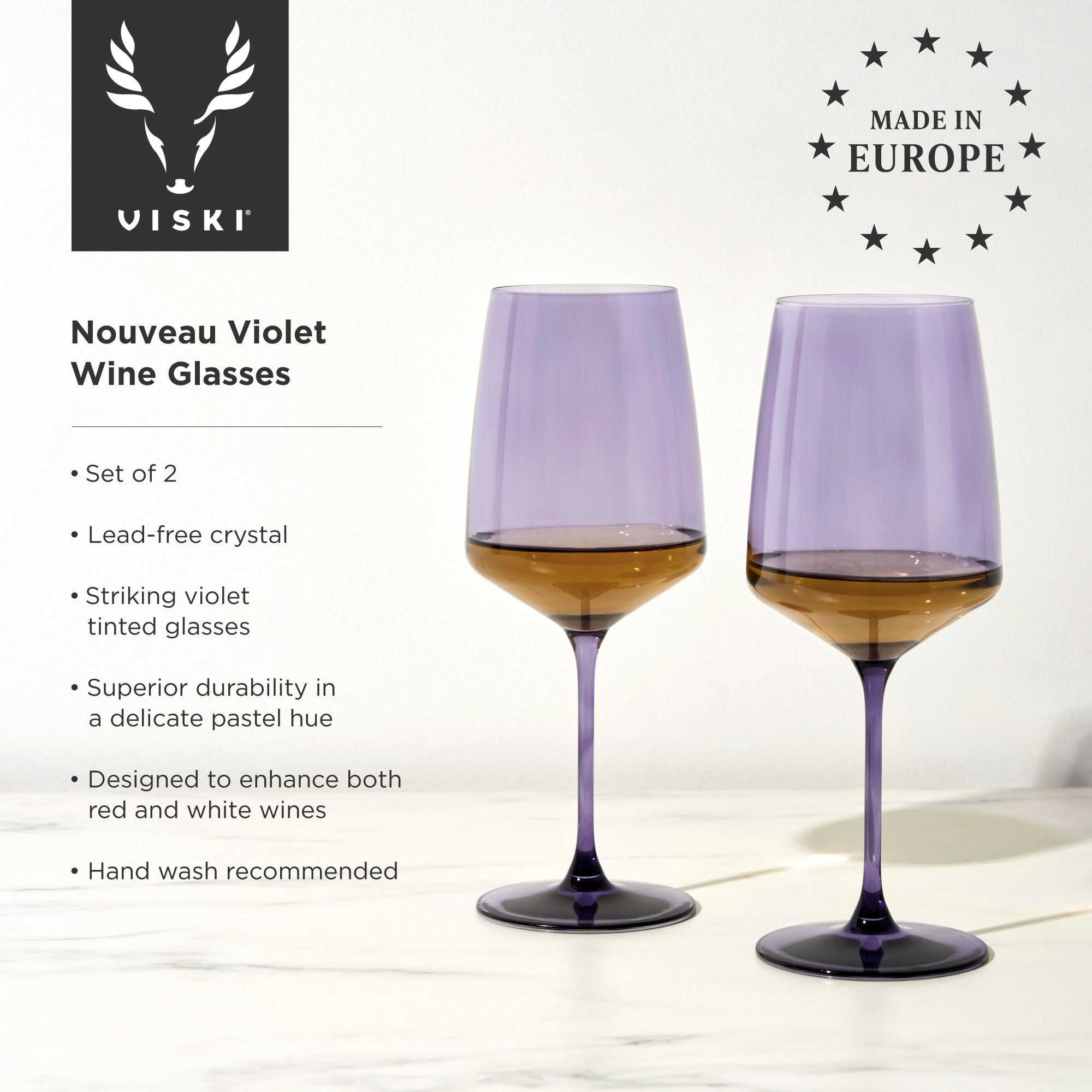 Premium Reserve Nouveau Crystal Wine Glasses Set of 2 - Elegant Violet Stemware for Red & White Wine - Perfect for Dinner Parties, Weddings & Romantic Evenings