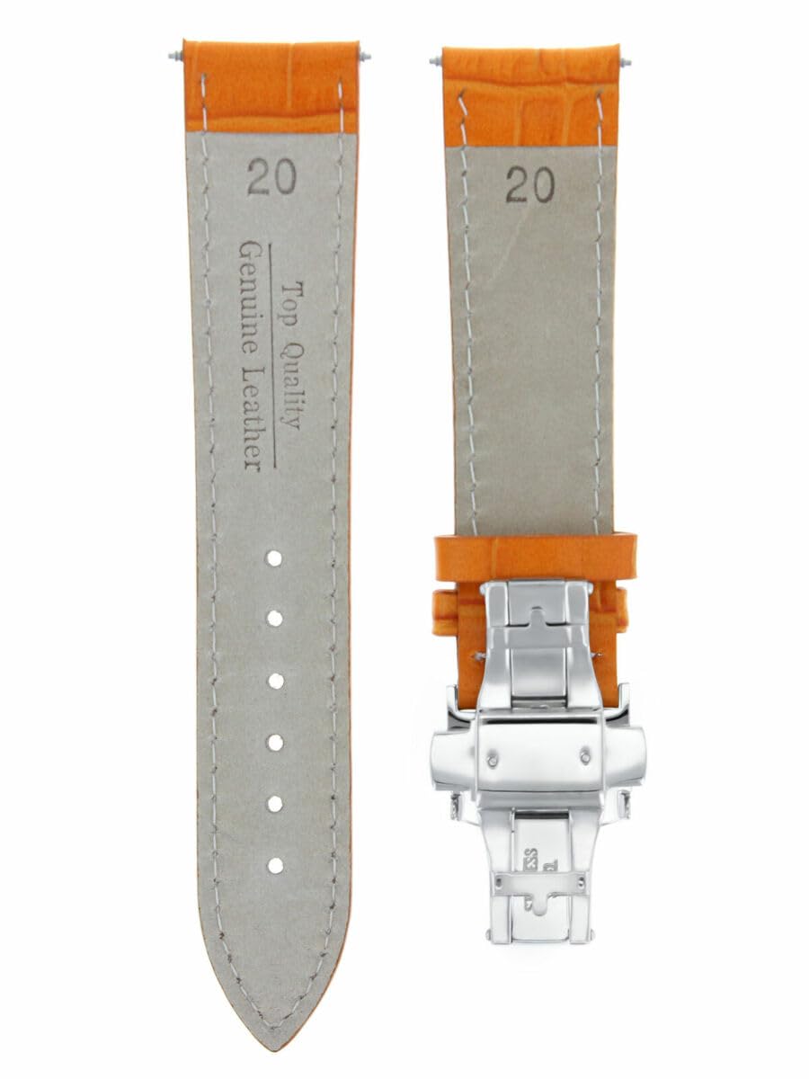 20mm Genuine Leather Watch Band Strap with Deployment Clasp - Compatible with Girard Perregaux - Orange with White Stitching - Perfect for Dress Watches & Everyday Wear