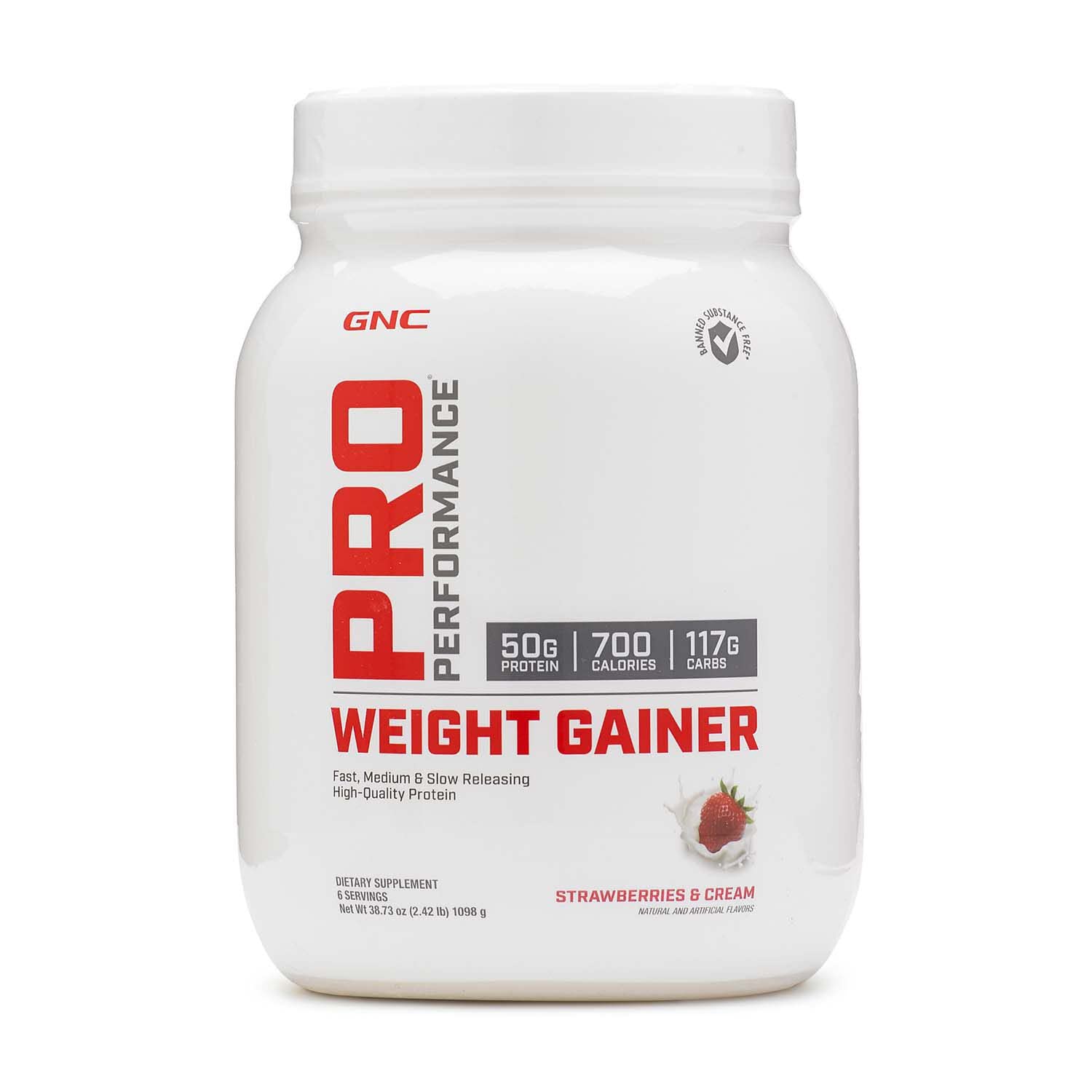 GNC Pro Performance Weight Gainer Protein Powder - Muscle Mass Builder, Banned Substance Tested, Strawberries & Cream Flavor (6 Servings) | Post-Workout Recovery & Bodybuilding Supplement for Athletes