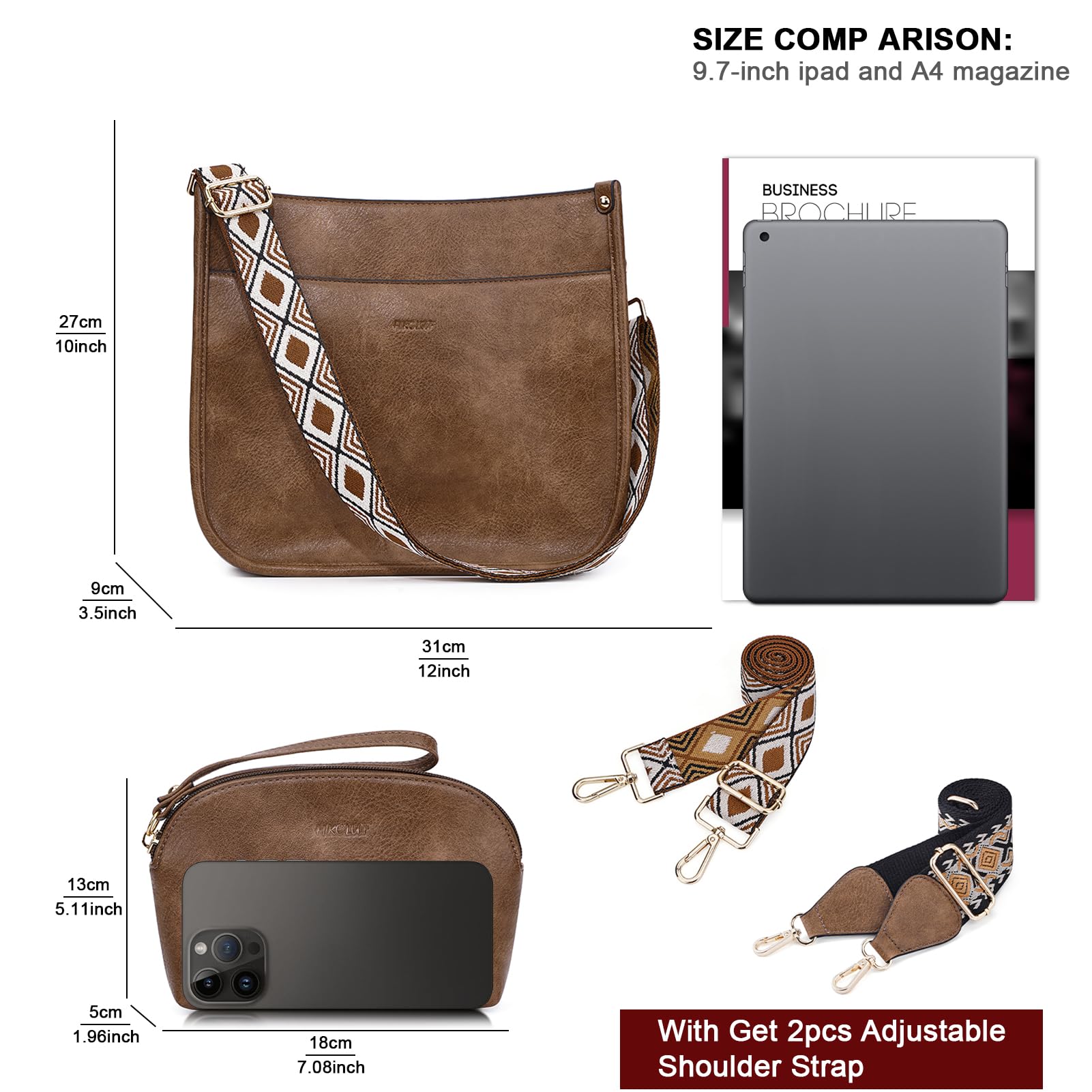 HKCLUF Women's Leather Crossbody Bag & Wallet Set - 2-Piece Hobo Handbag with Adjustable Guitar Strap - Perfect for Travel, Shopping & Everyday Use