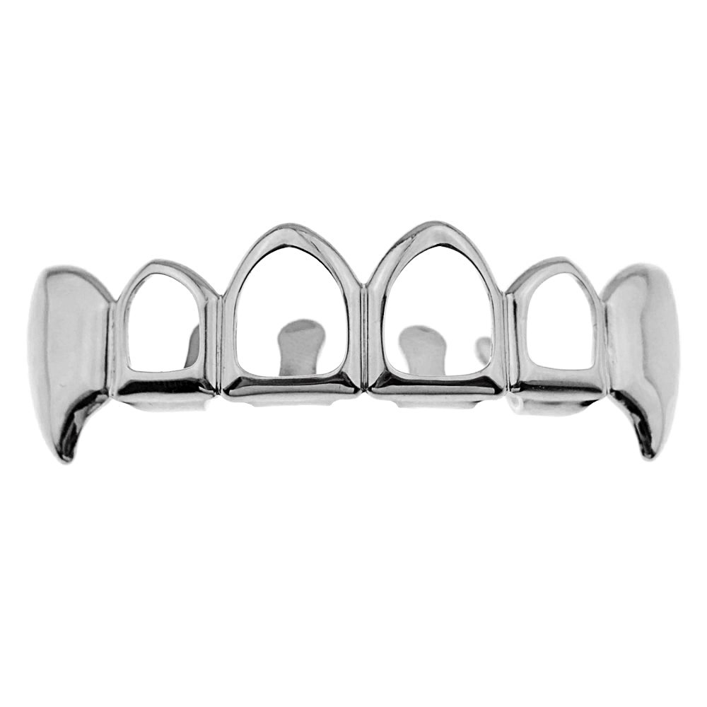 Vampire Fang Grillz - 4 Open Face Silver Tone Upper Teeth Grills for Hip Hop & Halloween Costume - Perfect for Parties, Cosplay, and Music Videos