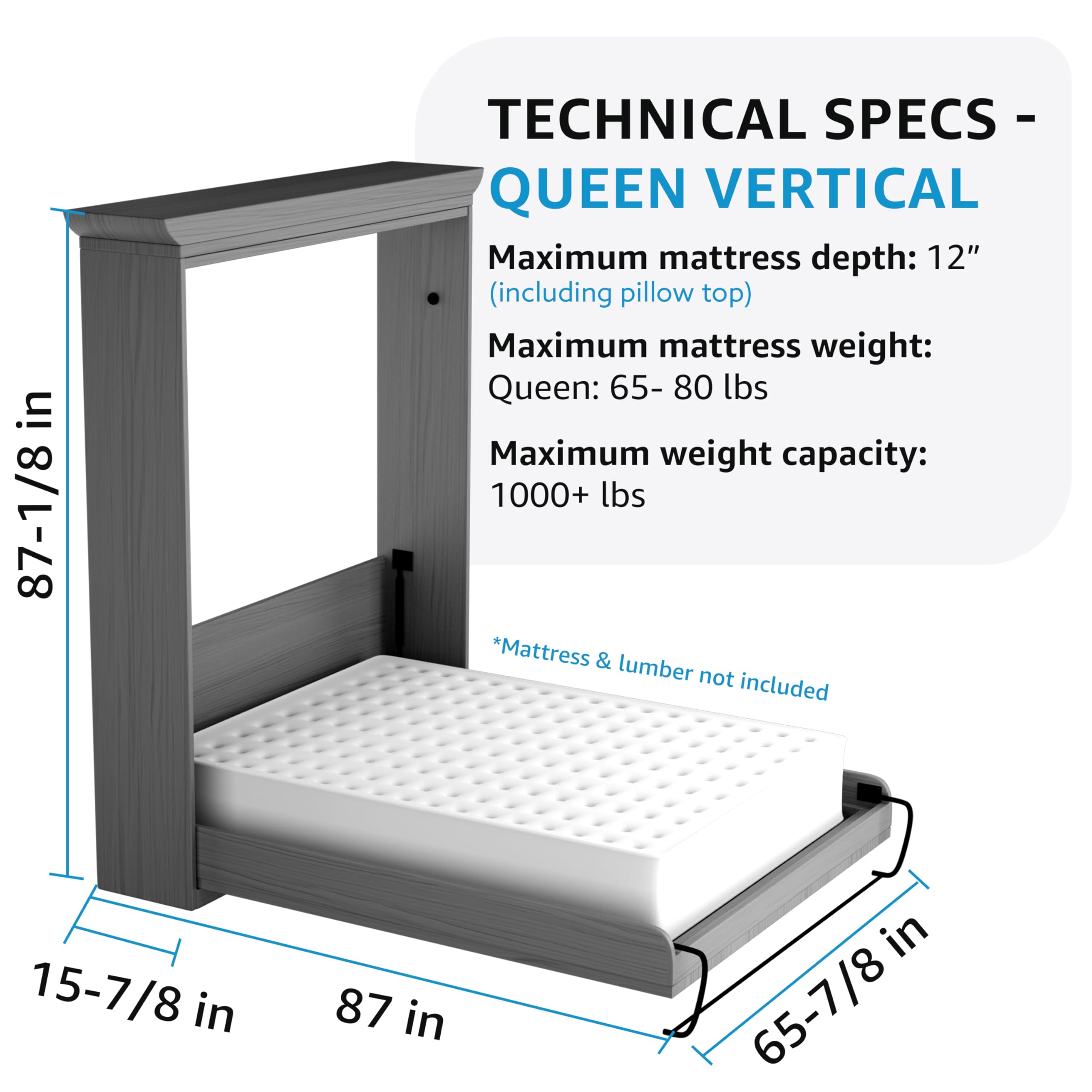 Create-A-Bed Queen Size Deluxe Murphy Bed Kit - Vertical Wall Mount Space Saving Bed for Small Apartments, Guest Rooms & Home Offices