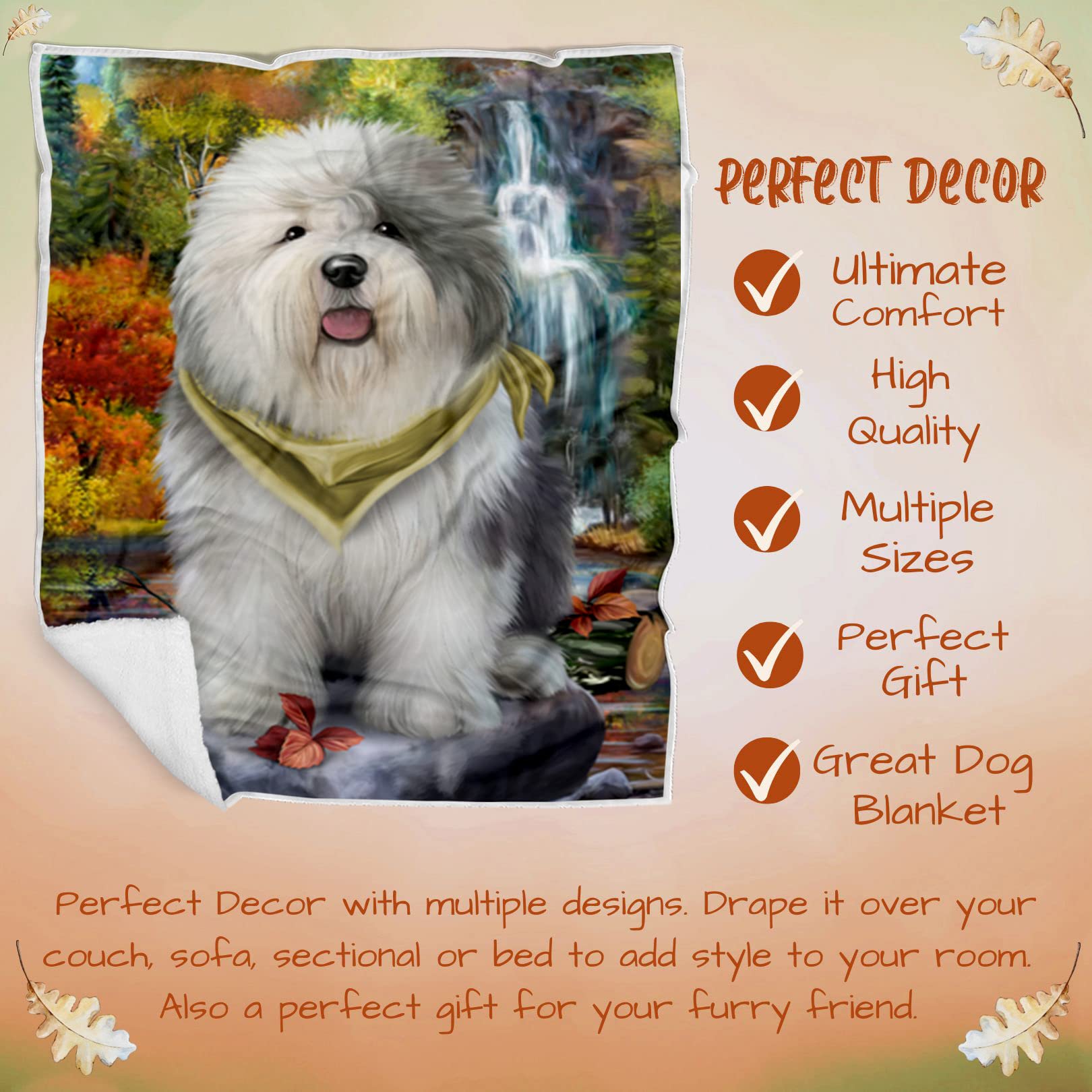 Old English Sheepdog Waterfall Blanket - Lightweight, Soft & Durable Woven Throw (50x60) - Cozy Animal Print Blanket for Sofa, Couch, Bed - Perfect for Home Decor, Gifts & Pet Lovers