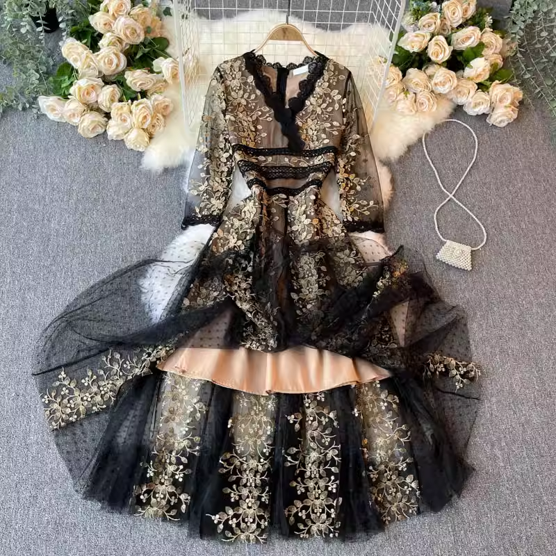 Embroidered Floral A-Line Fall Dress with Lace Collar - Elegant Prom Gown 1803 | Perfect for Homecoming, Weddings & Special Occasions
