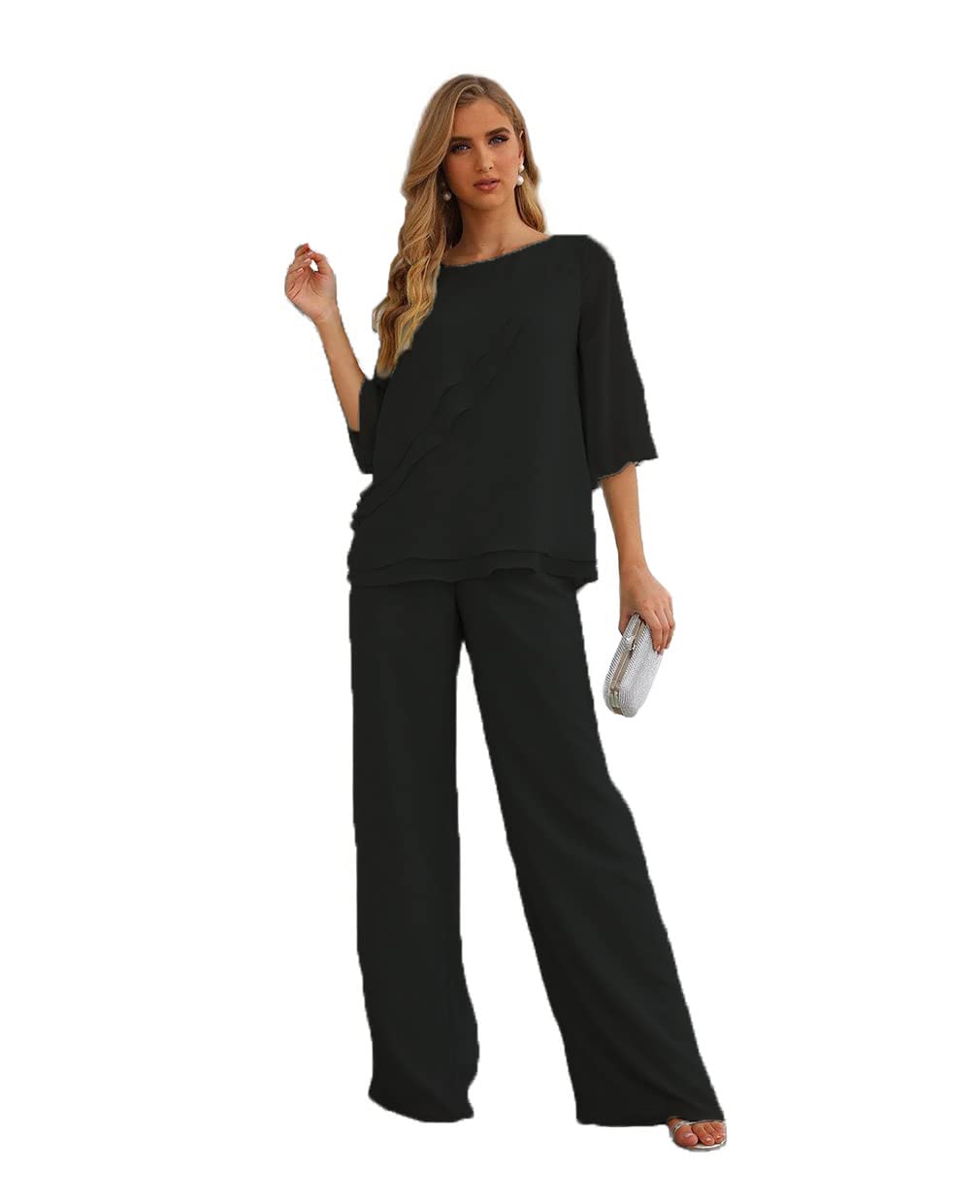 Elegant Women's 2-Piece Chiffon Half Sleeve Pant Suits for Mother of The Bride & Wedding Guests | Formal Occasion Outfit for Weddings, Parties & Special Events