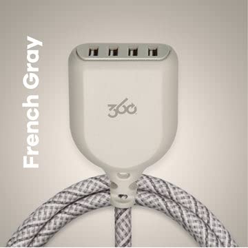 360 Electrical Habitat 4.8A 6-Foot 4-Port USB Extension Cord with Braided Casing - Fast Charging Station for iPhone, Android, Tablet & USB-C Devices | Home, Office & Travel Charging Hub (French Grey)