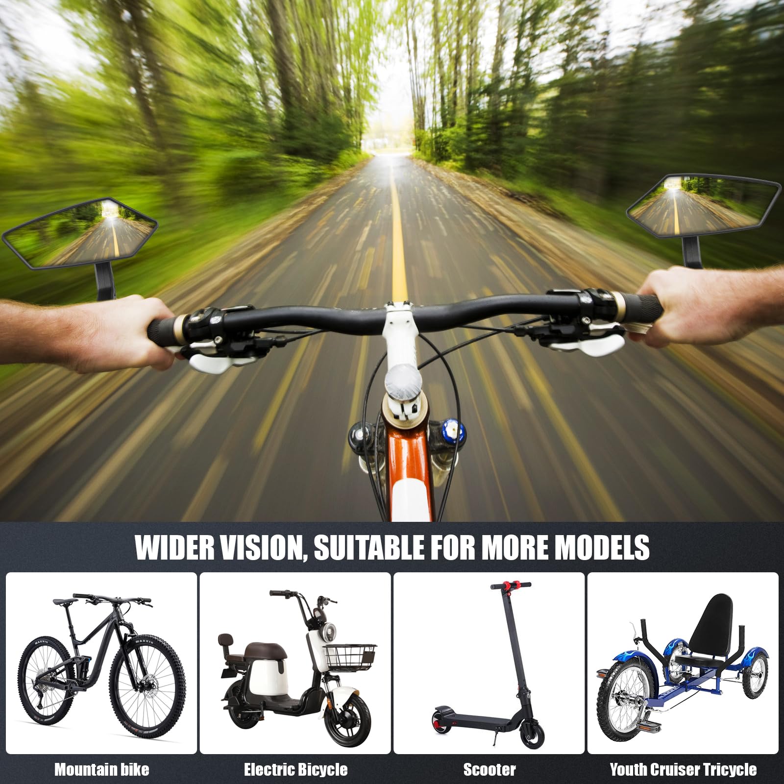 360° Adjustable Bike Mirrors for Handlebar - HD Wide Angle Rear View Mirror Set for Bicycles, E-Bikes, Scooters & MTB (Fits 17-21mm Handlebars) - Perfect for Commuting, Road Safety & Urban Riding