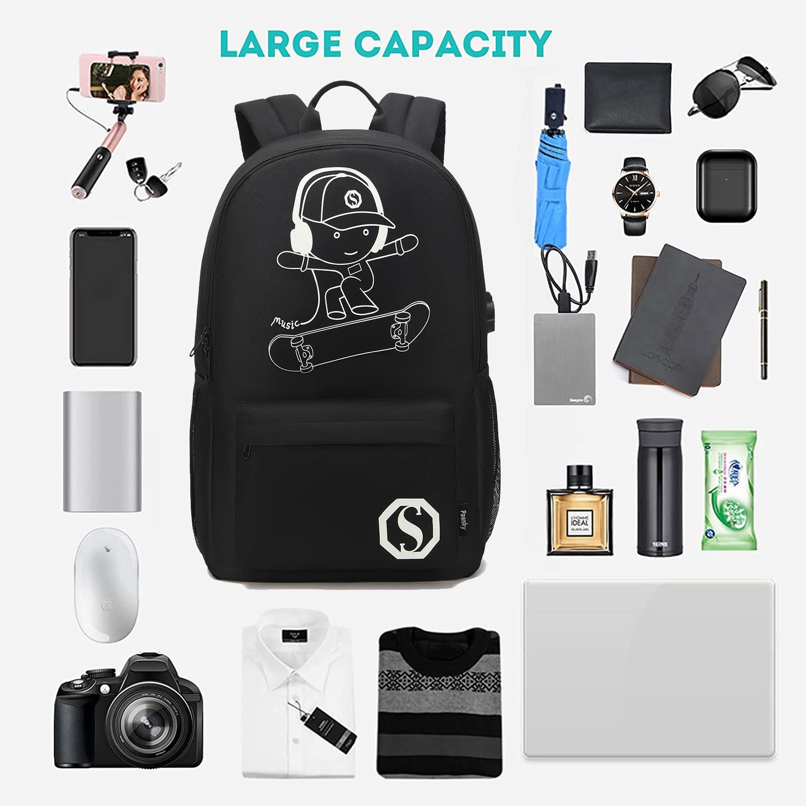 Kids Skateboard Anime Luminous Backpack with USB Charging Port & Anti-Theft Lock - Waterproof School Backpack for Teen Boys & Girls, Includes Lunch Bag & Pencil Case - Perfect for School, College, Travel & Outdoor Activities