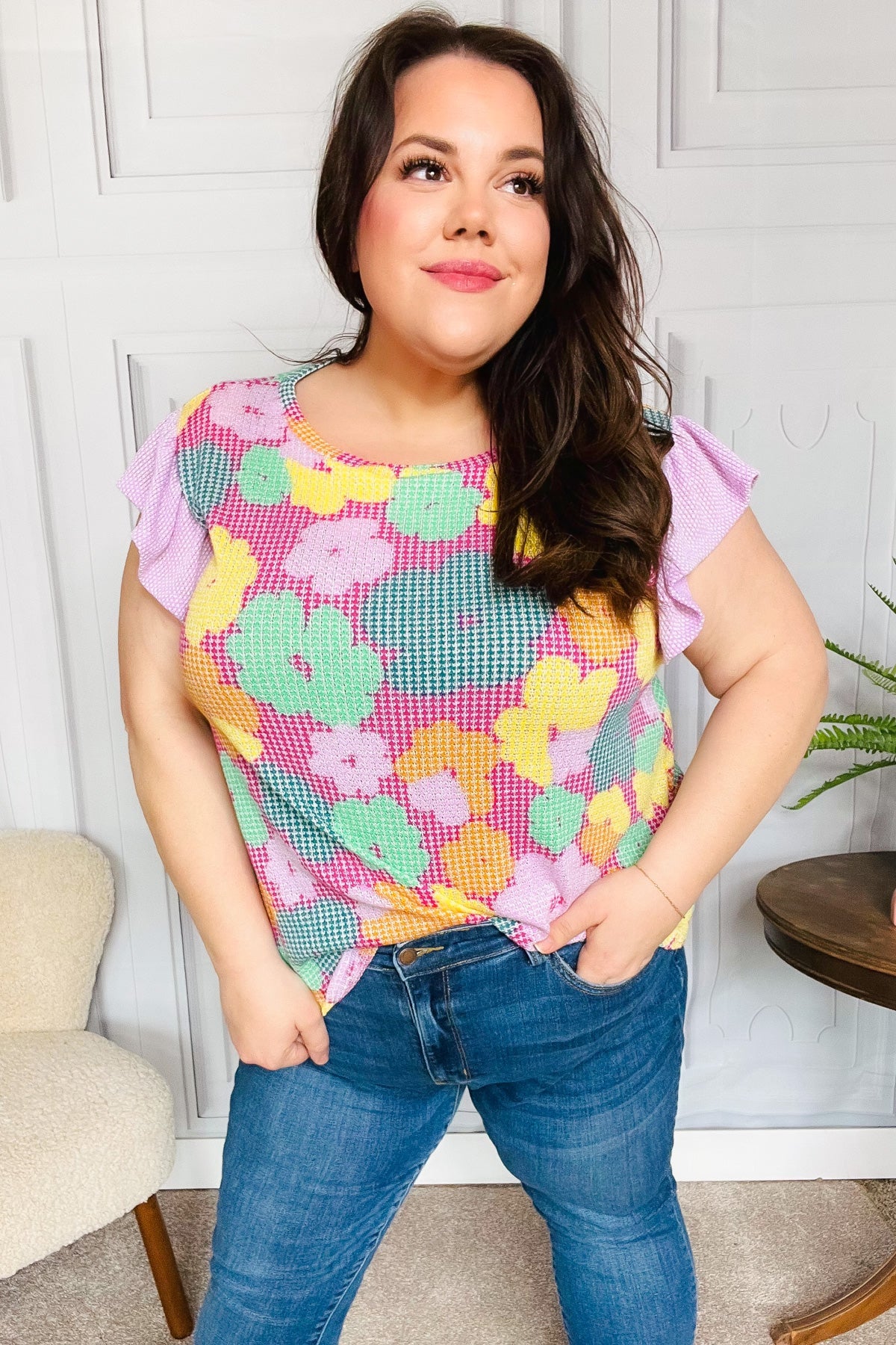 Playful Fuchsia Floral Textured Ruffle Sleeve Top for Women - Trendy Blouse for Casual Outings, Dates & Summer Parties