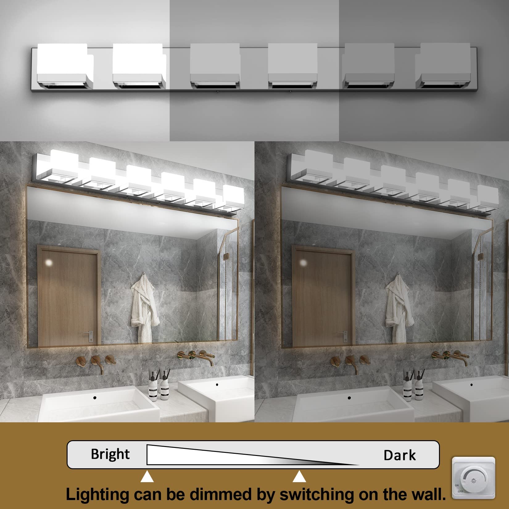 Tipace 6-Light Dimmable LED Vanity Mirror Light Fixture - Modern Chrome Bathroom Wall Sconce with 6000K White Light for Makeup, Shaving & Grooming