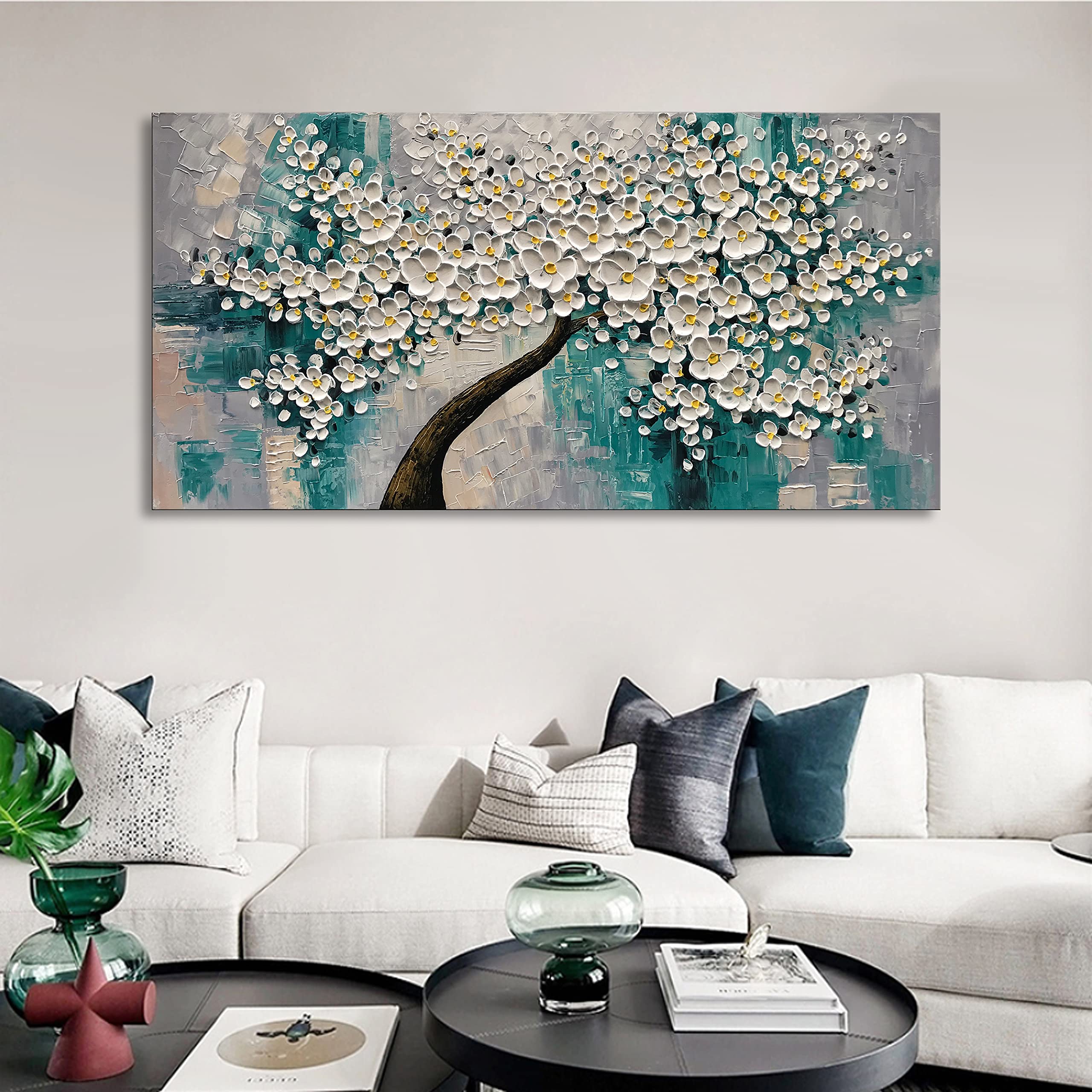 3D Abstract White Flower Tree Oil Painting - Textured Palette Knife Art - Modern Canvas Wall Decor for Living Room, Bedroom & Office (24x48 Inches) - Perfect for Home Decoration & Gift Giving