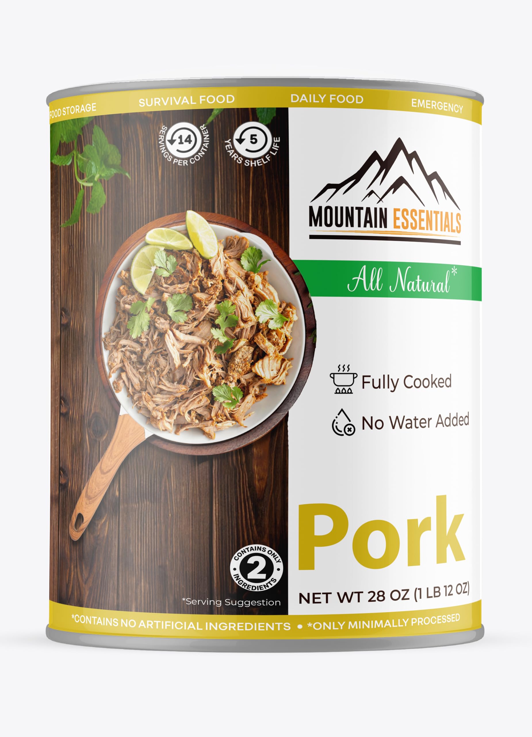 MOUNTAIN ESSENTIALS All Natural Canned Pork 28 Oz - Fully Cooked Ready to Eat Premium Meat for Emergency Survival, Backpacking & Camping | Shelf Stable Food Storage | Great for Meal Prep & Outdoor Adventures | Pack of 6