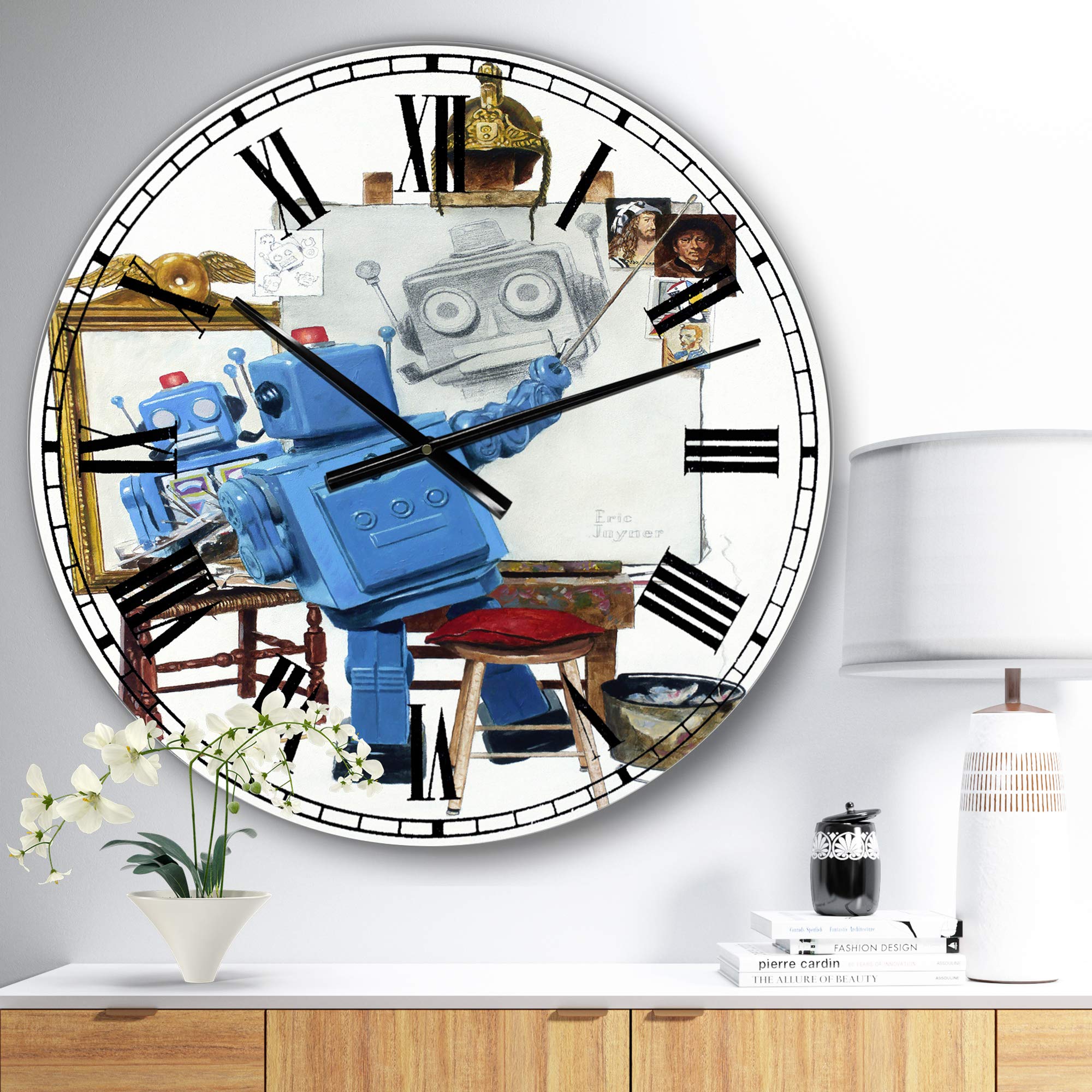 DesignQ Modern Blue Round Wall Clock with 'Robot Painting Selfie' Art - Stylish Home Decor for Bedroom, Living Room & Office | Silent Non-Ticking Battery Operated Clock