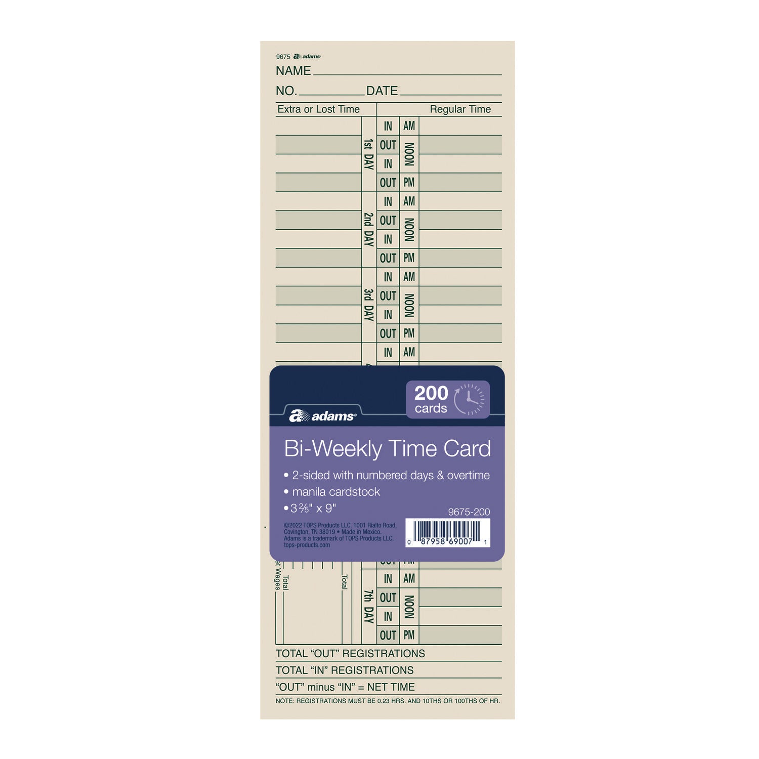 Adams® Bi-Weekly Time Cards for Acroprint, Amano & Lathem Time Clocks - 2-Sided Design, 3.38