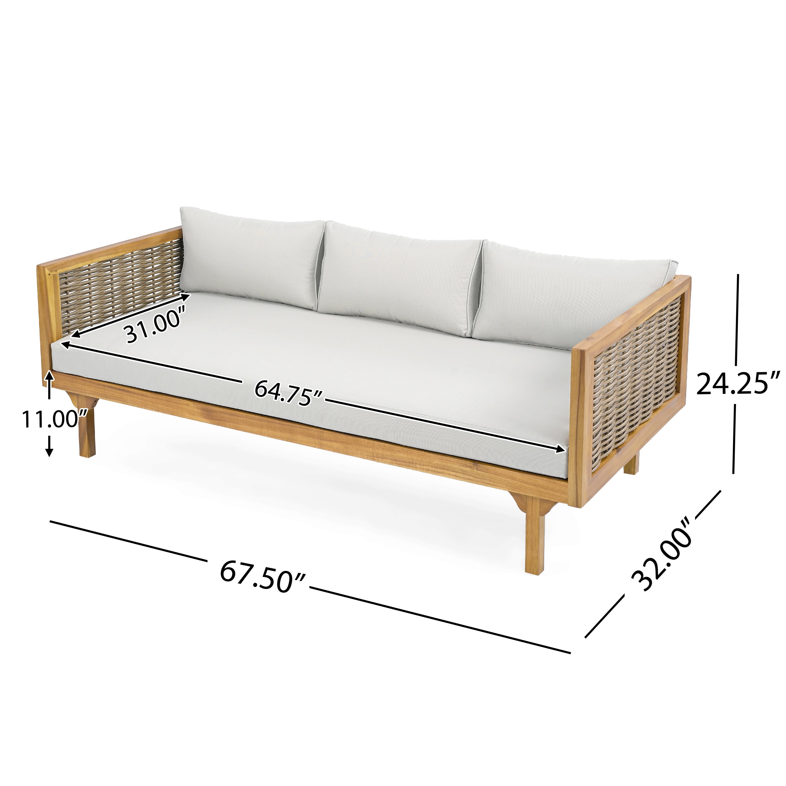 CLAREMONT 3-Seater Rattan Arm Daybed with Light Grey Cushion - Perfect for Patio, Sunroom or Outdoor Lounge Relaxation