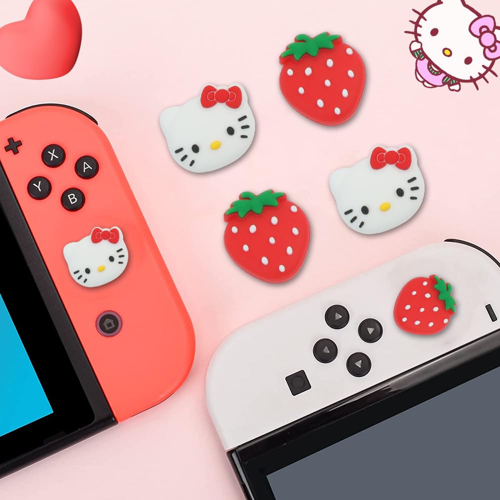 PERFECTSIGHT Switch Thumb Grips Caps - 4 PCS Cute Kitty Joystick Covers for Nintendo Switch Lite/OLED - Analog Stick Button Protectors for Joycon Controllers (Strawberry Design) | Enhance Gaming Comfort & Prevent Wear for Long Play Sessions